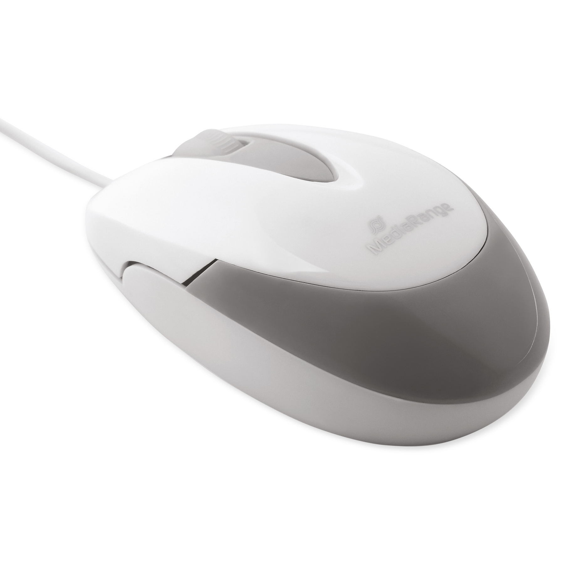 Biała i szara mysz komputerowa z kablem, na białym tle. Widoczna nazwa marki.