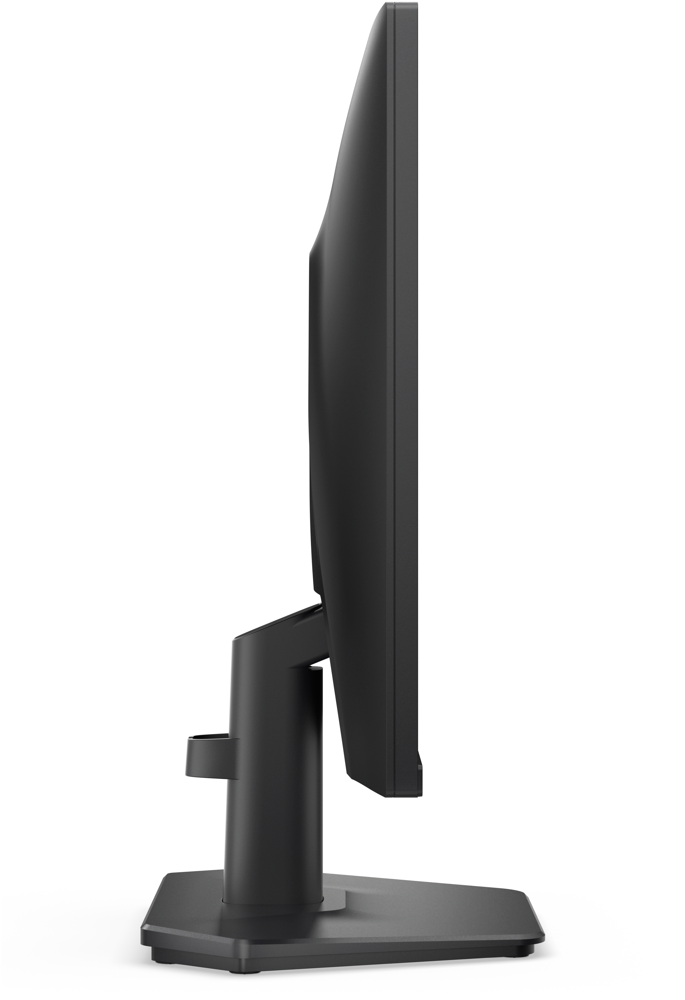 Widok z boku czarnego monitora komputera na czarnym stojaku, na białym tle.