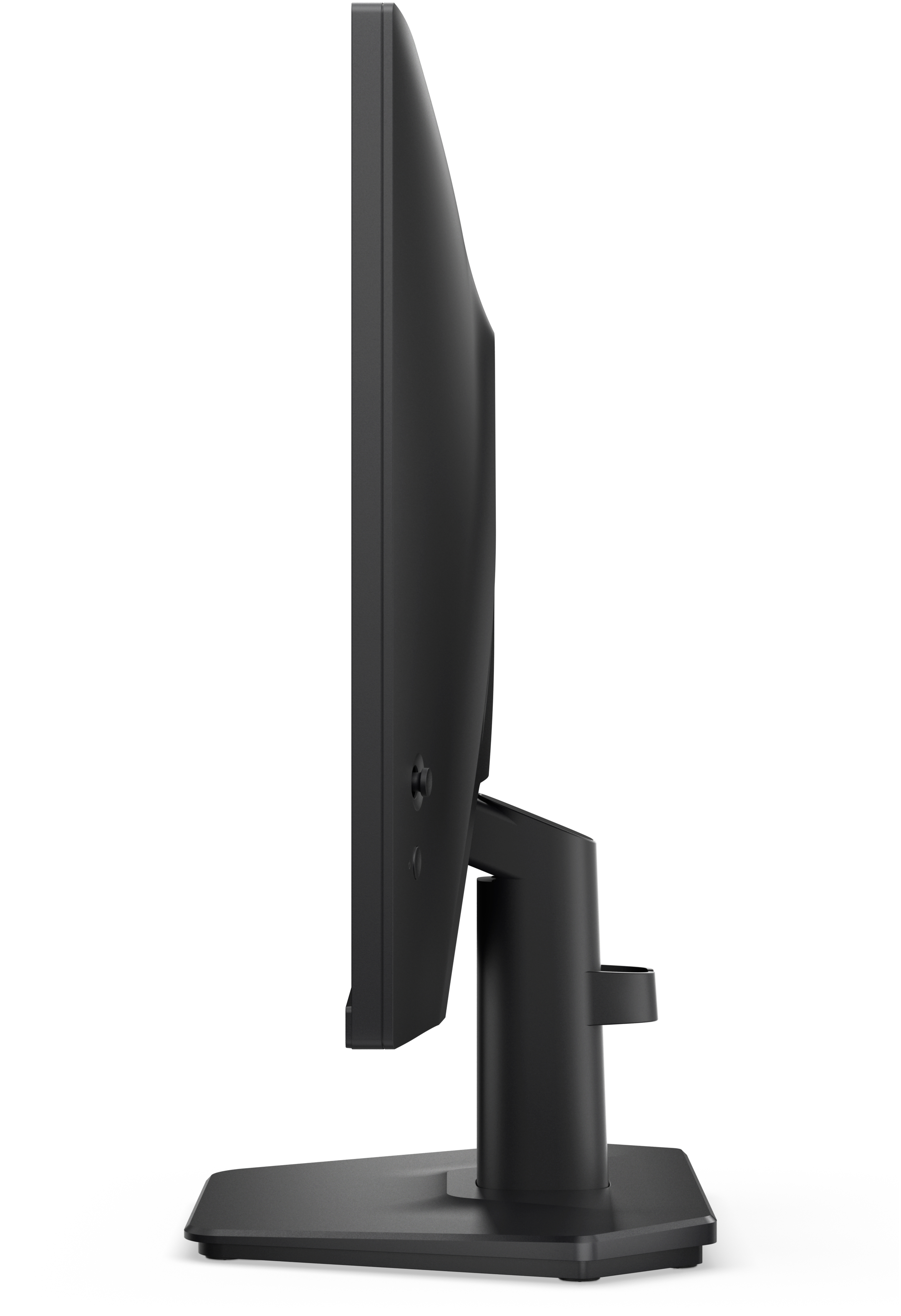 Widok z boku czarnego monitora komputera. Ekran jest ciemny, podstawa i stojak są widoczne.