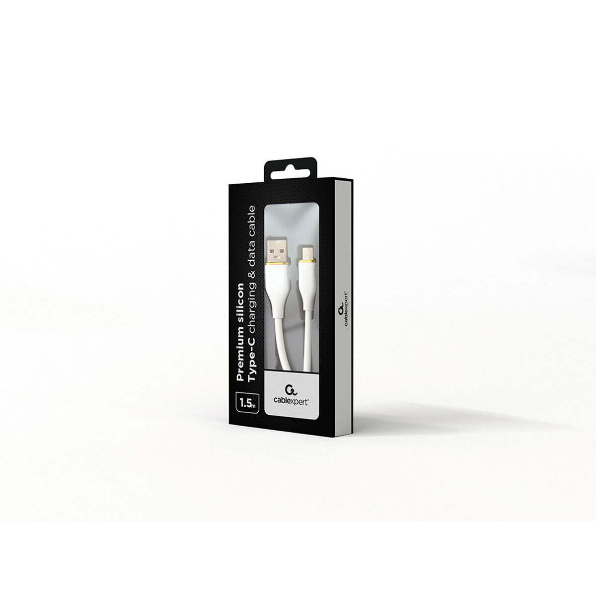Biały kabel ładujący USB-C w czarno-białym pudełku z napisem "Premium silicon kabel do ładowania i transmisji danych typu C".