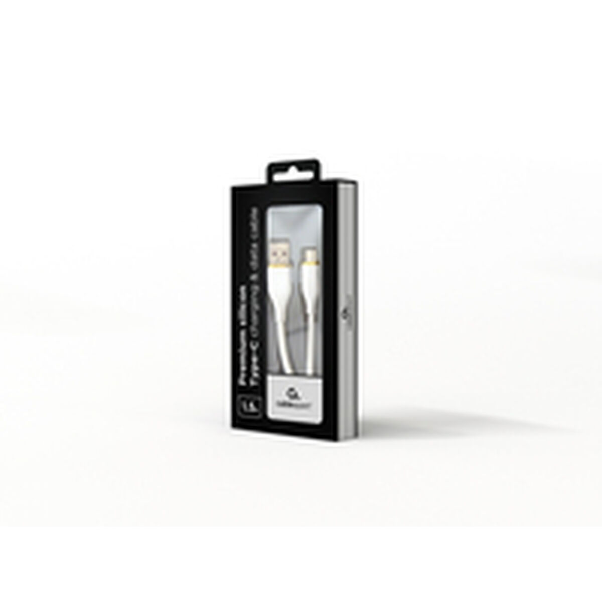 Biały kabel do ładowania w czarno-srebrnym pudełku na białym tle. Opakowanie ma przezroczyste okno.