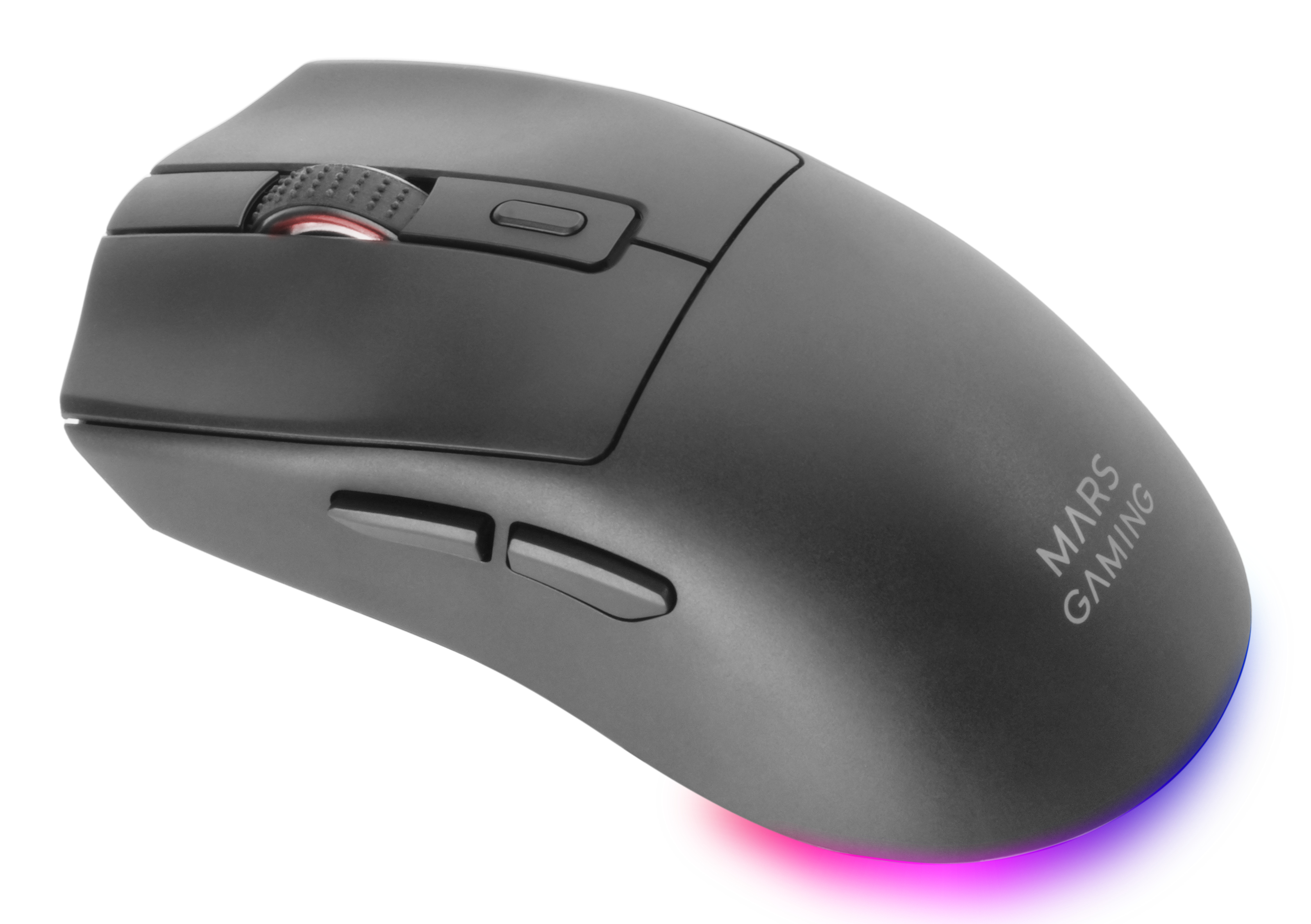 Czarna mysz Mars Gaming na białym tle. Posiada przyciski, kółko przewijania i świecącą podstawę.