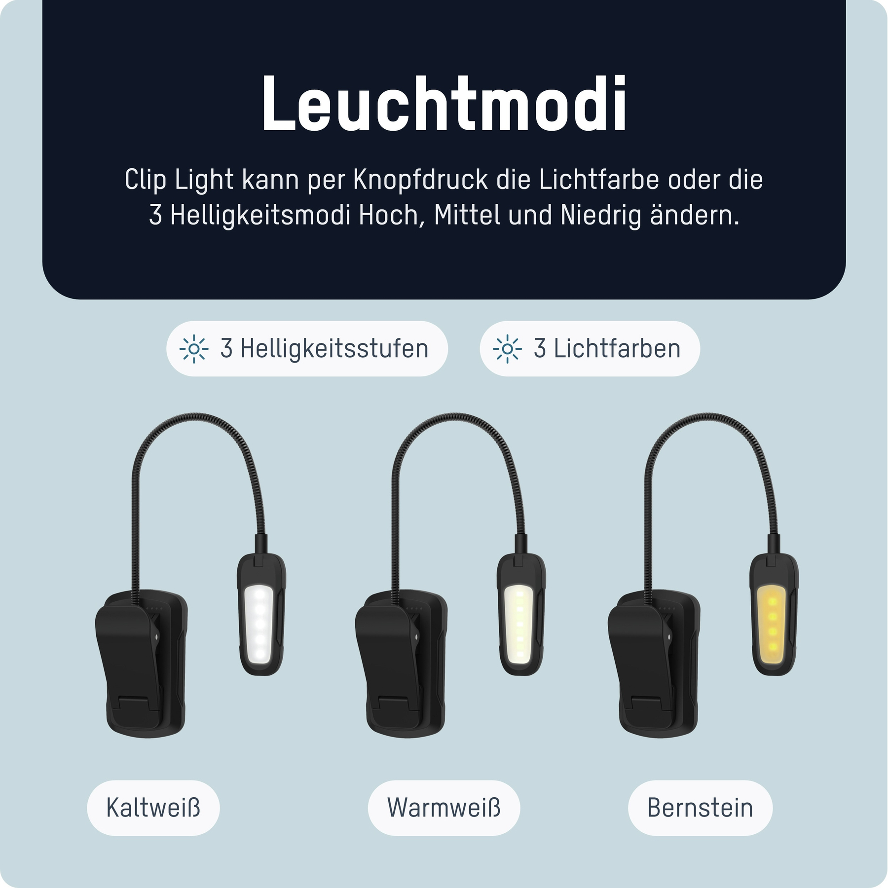 Afbeelding toont drie cliplichten met verschillende lichtkleuren: koud wit, warm wit en amber.
