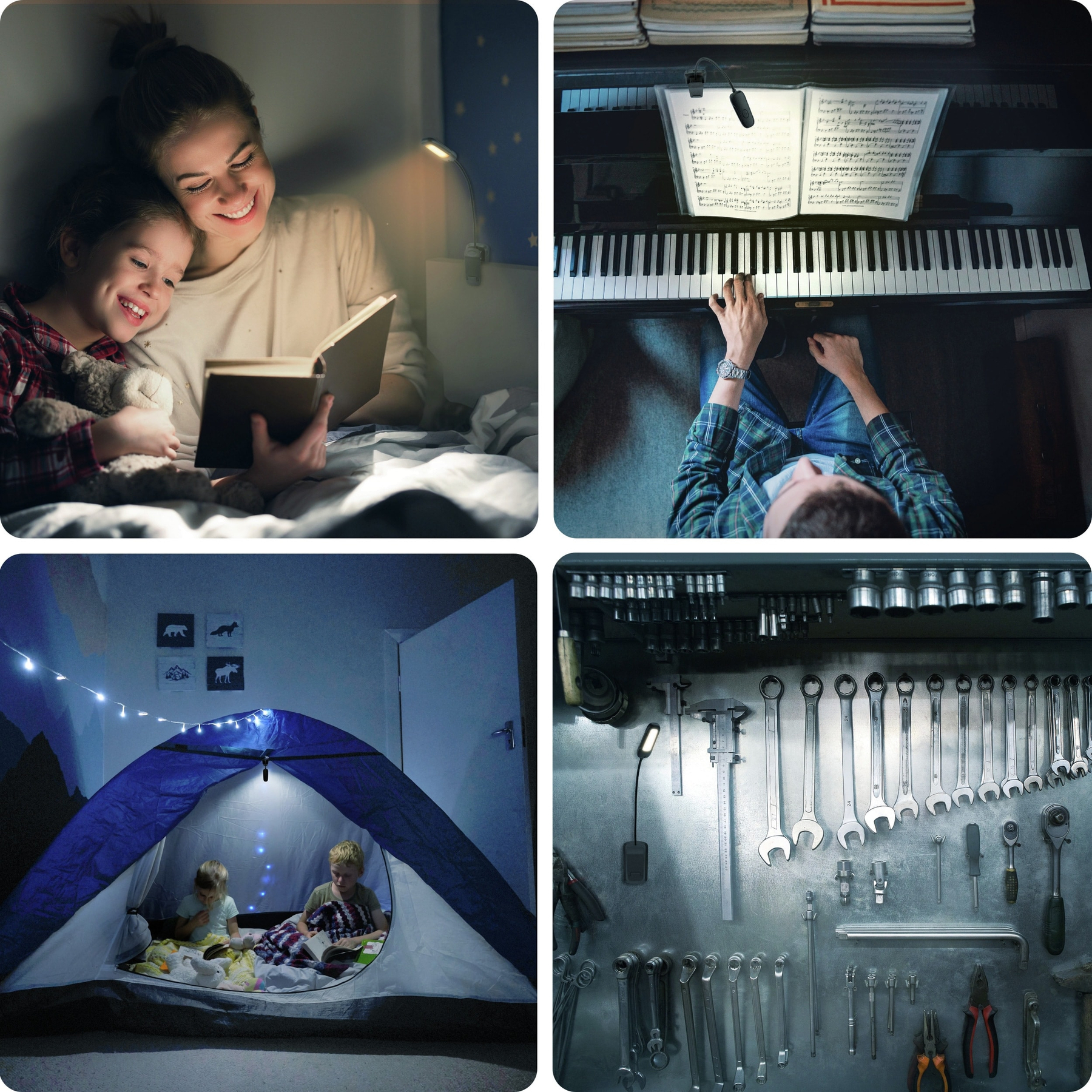 Een moeder en kind lezen een boek in bed, verlicht door een bedlampje, wat een intiem moment creëert.