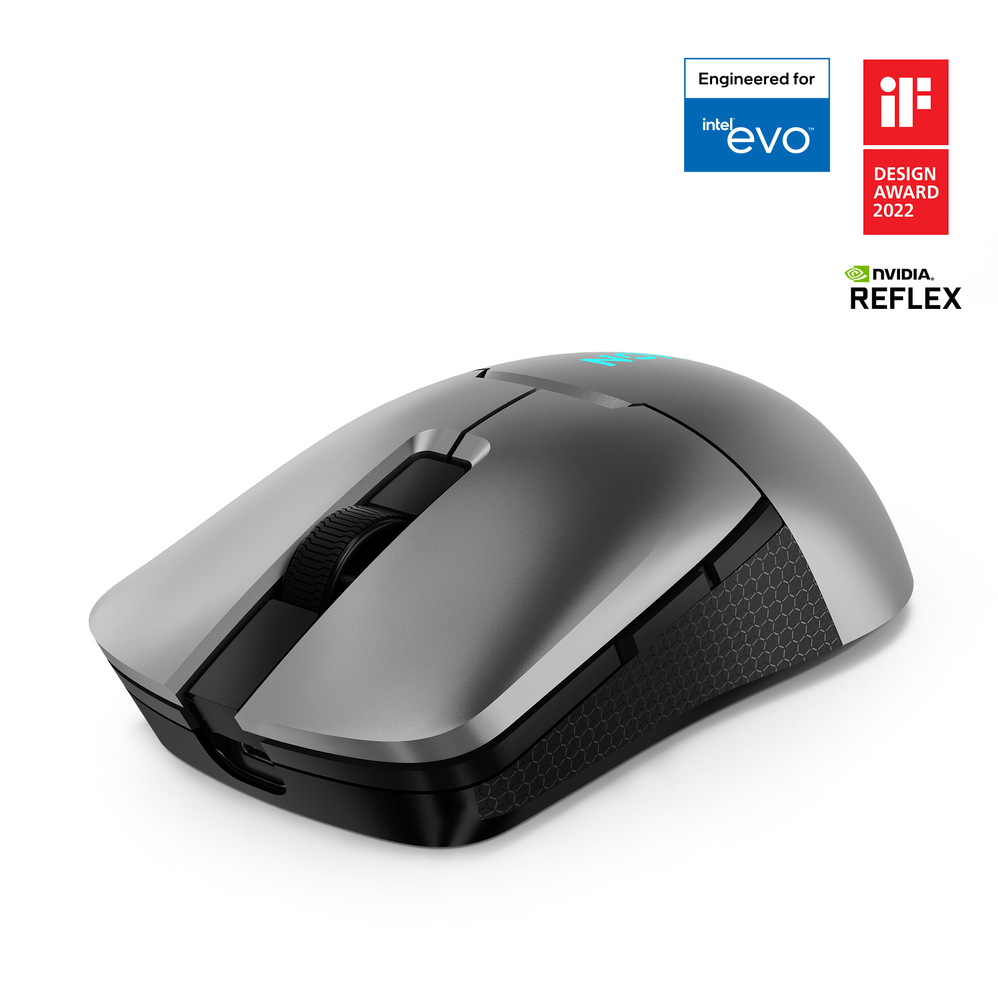 Un mouse per computer grigio e nero con rotella di scorrimento, motivo a nido d'ape e loghi Intel, Nvidia e un iF Design Award.