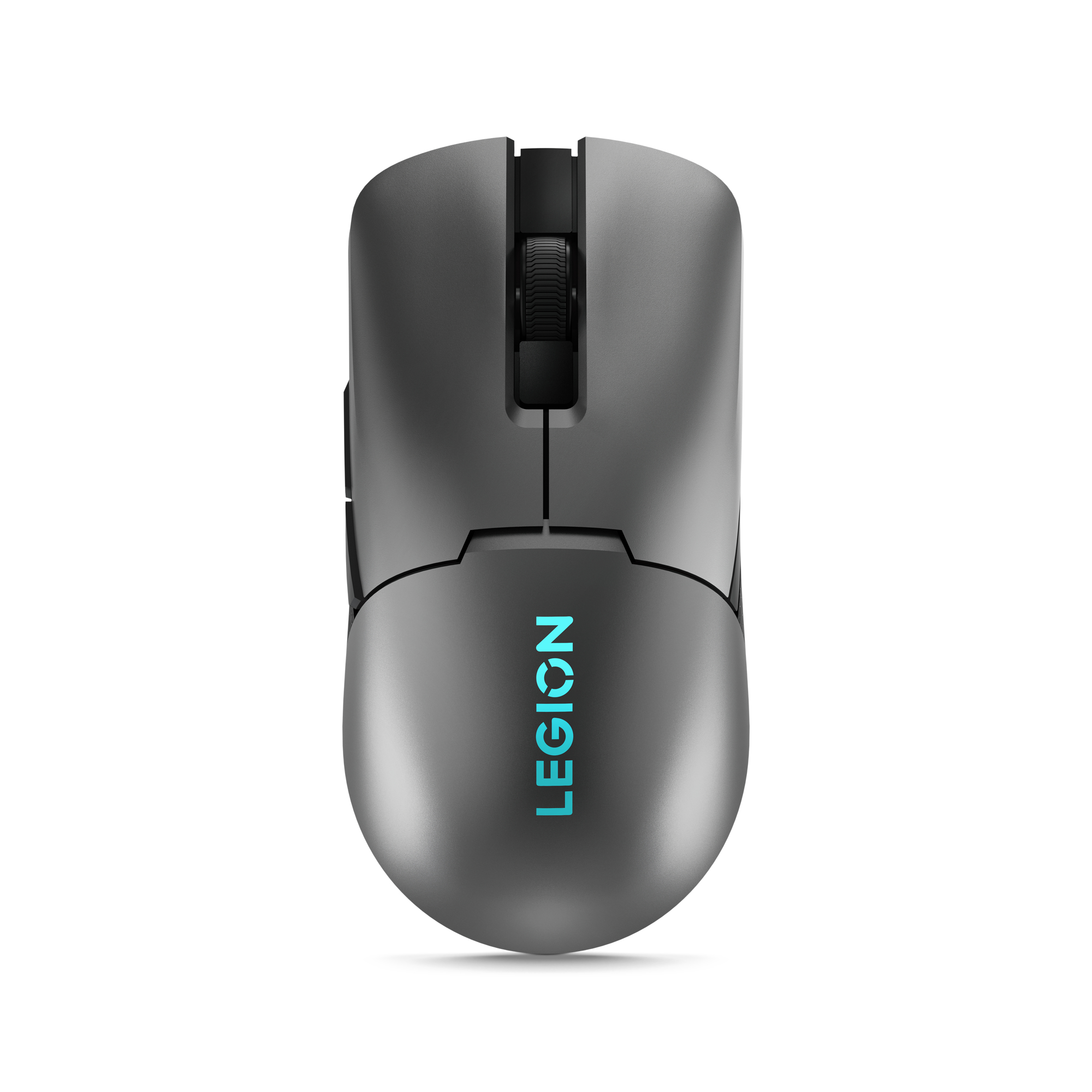 Un mouse da gioco grigio con una rotella di scorrimento nera. La parola "LEGION" in blu è sul mouse. Sfondo bianco.