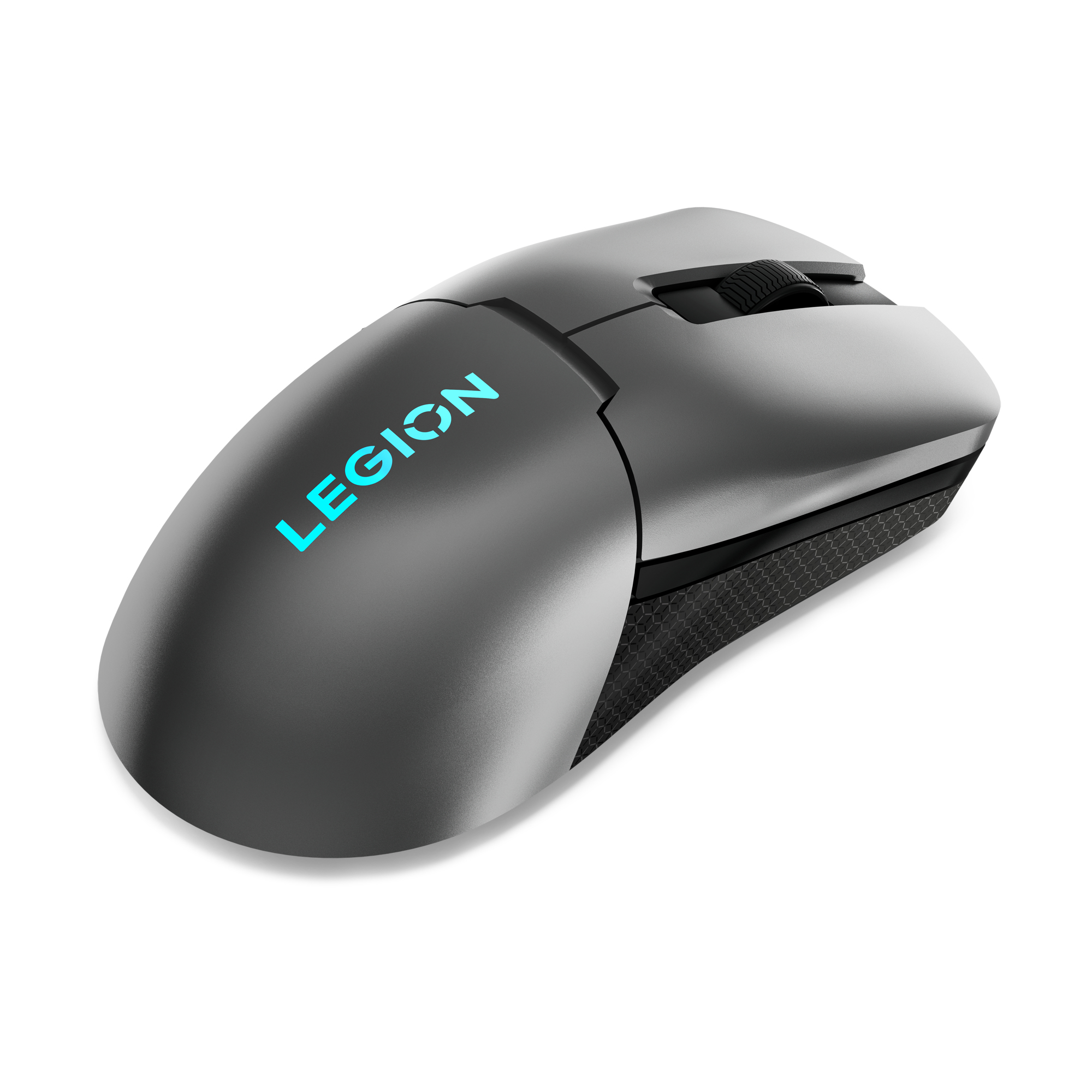 Un mouse da gioco grigio con la scritta LEGION blu sul lato. È appoggiato su una superficie bianca.
