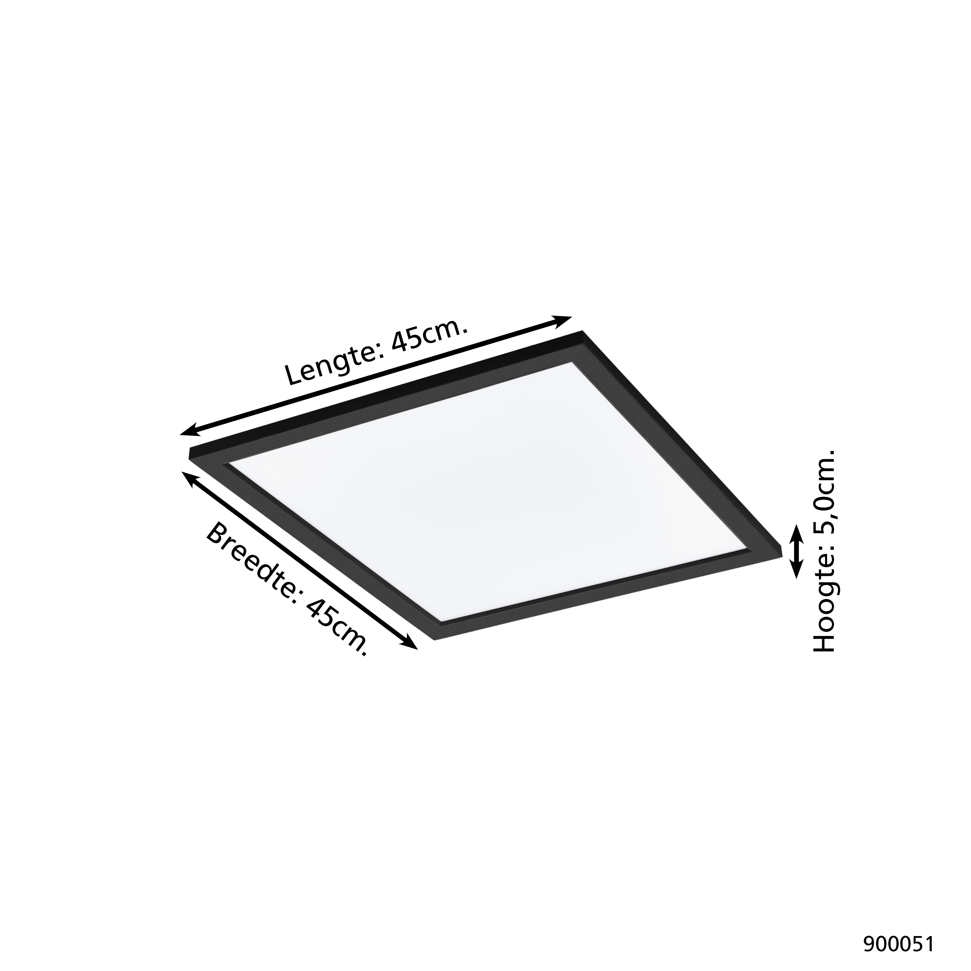 Una lampada da soffitto quadrata con cornice nera. Le dimensioni sono indicate: 45 cm di larghezza, 45 cm di lunghezza e 5,0 cm di altezza.