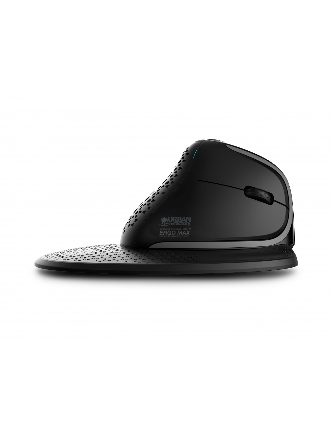 Eine schwarze ergonomische Maus mit strukturierter Oberfläche, unterstützt von einer Basis. Die Maus trägt die Aufschrift 'Urban Factory Ergo Max'.