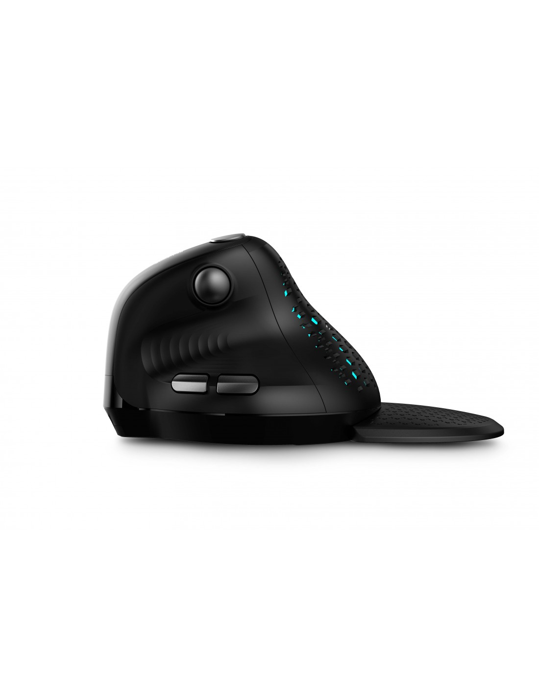 Eine schwarze ergonomische Computermaus mit Seitentasten und einer Daumenablage wird auf weißem Hintergrund gezeigt.