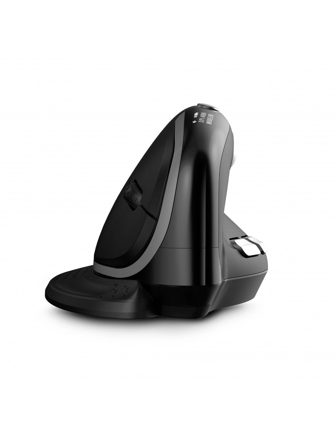 Schwarze ergonomische vertikale Maus auf weißem Hintergrund. Sie hat Tasten, ein Scrollrad und ein schlankes Design. DPI- und Modellbeschriftungen sind sichtbar.