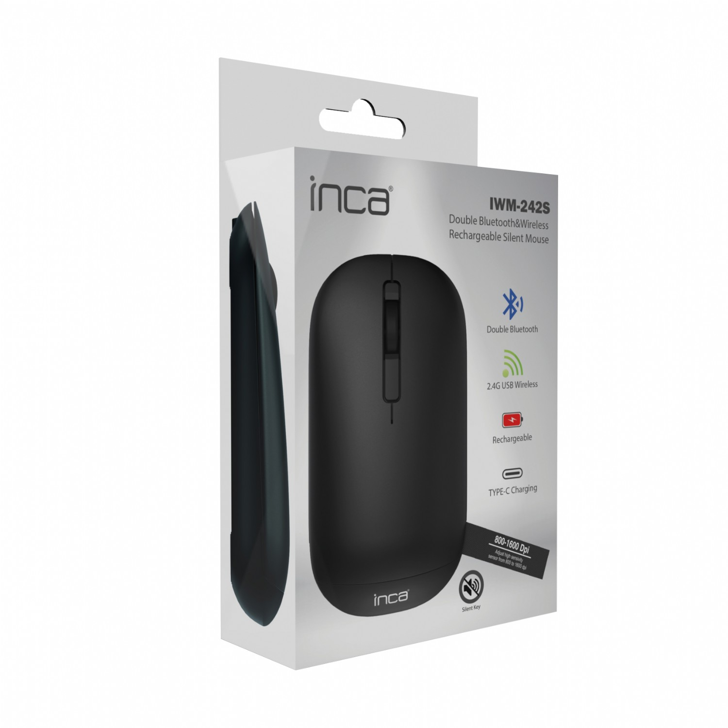 Een zwarte Inca IWM-242S muis in de verpakking. Kenmerken zijn dubbele Bluetooth, 2.4G USB draadloos, oplaadbaar en type-C opladen.