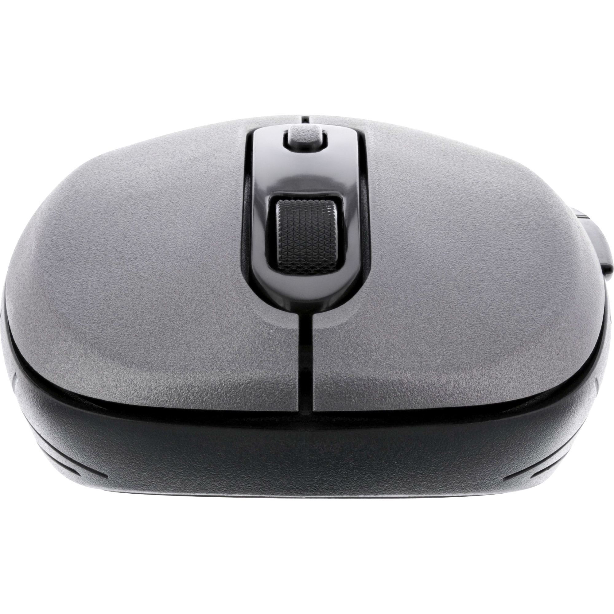 A gray and black computer mouse. It has a scroll wheel and buttons. The background is white.