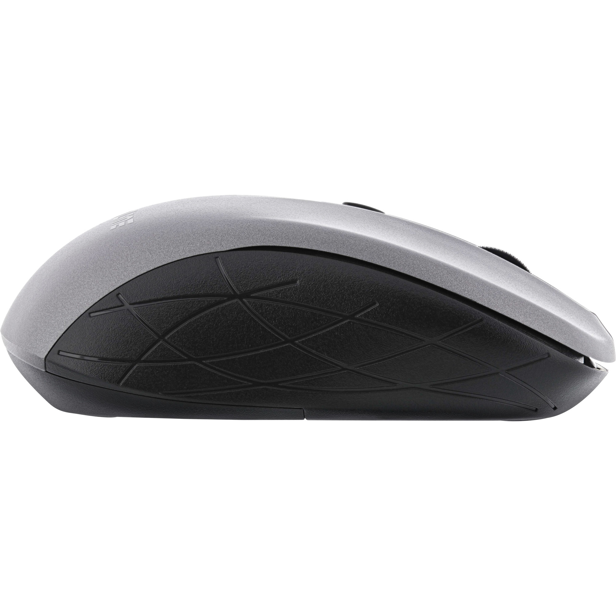 A computer mouse, gray top with black bottom and scroll wheel. The bottom has a textured diamond pattern.
