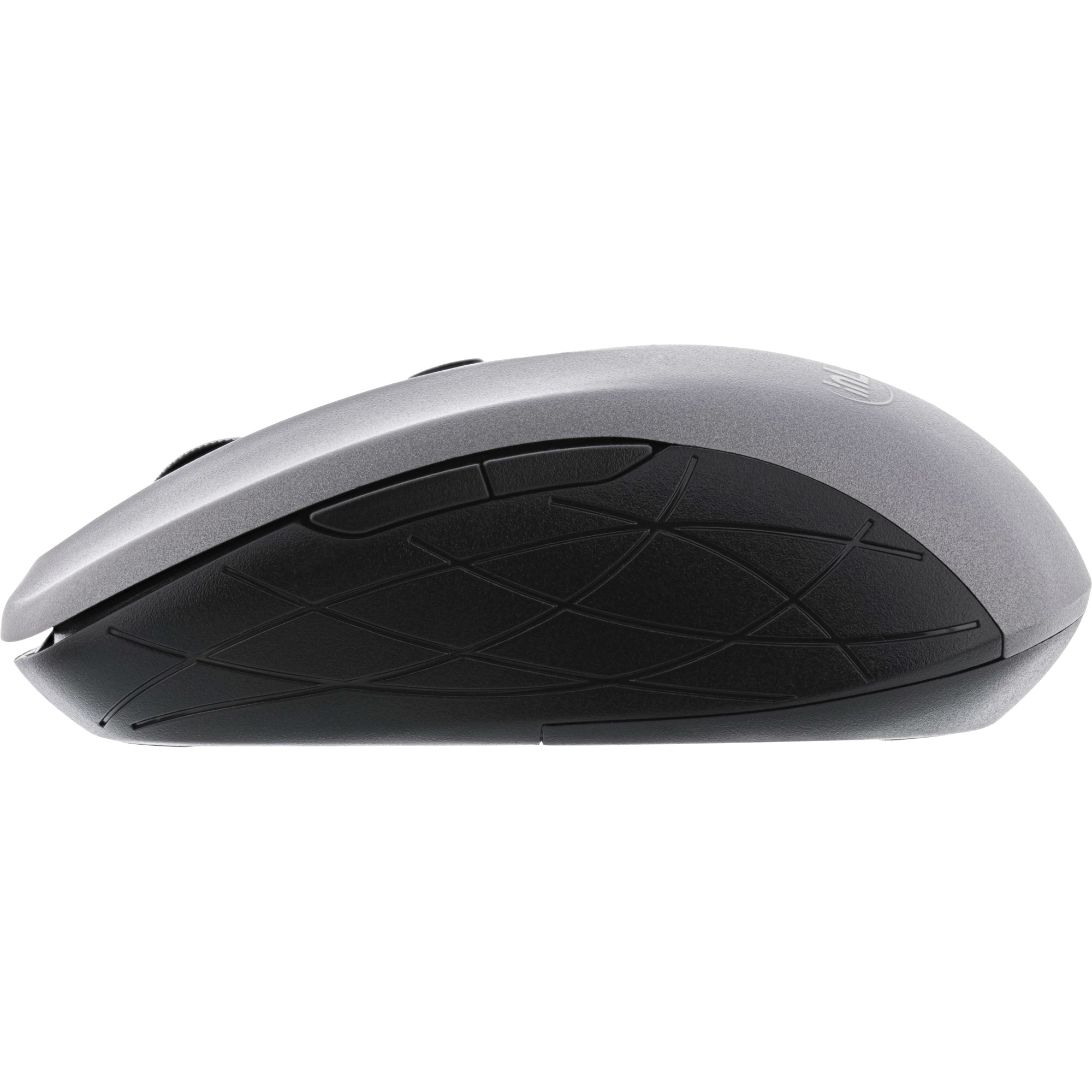 A gray and black wireless computer mouse. The top is gray, the bottom is black with a textured pattern.
