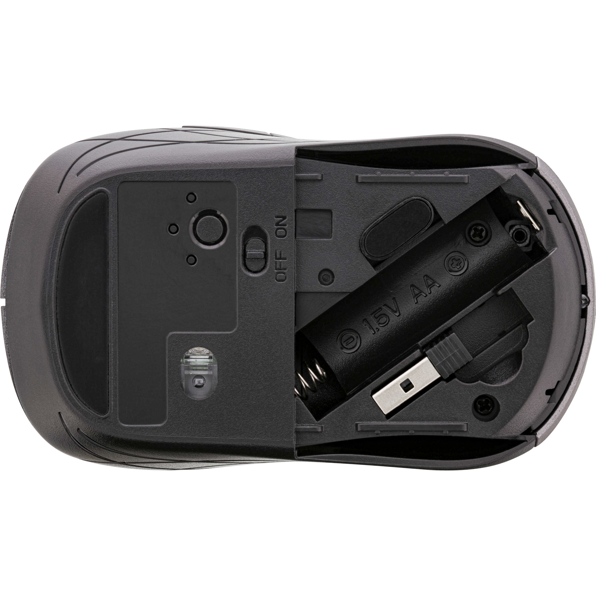 Black computer mouse, bottom view. Battery compartment open, revealing a 1.5V AA battery and USB receiver.