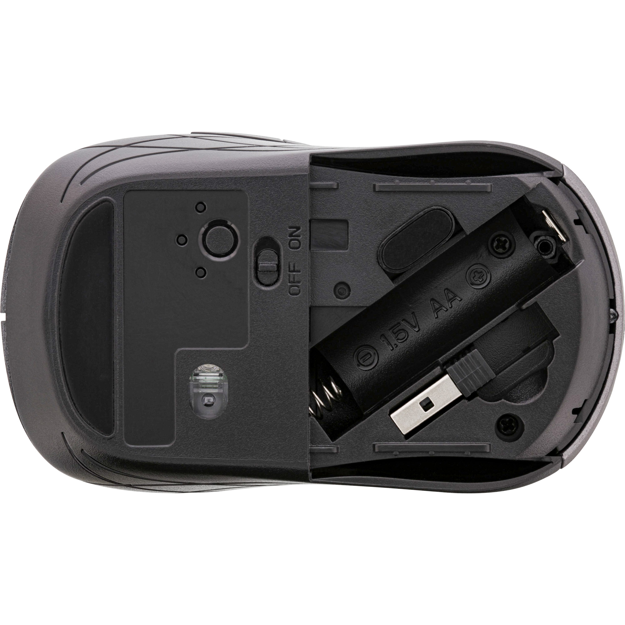 Bottom view of a black computer mouse with the battery compartment open, revealing a 1.5V AA battery.