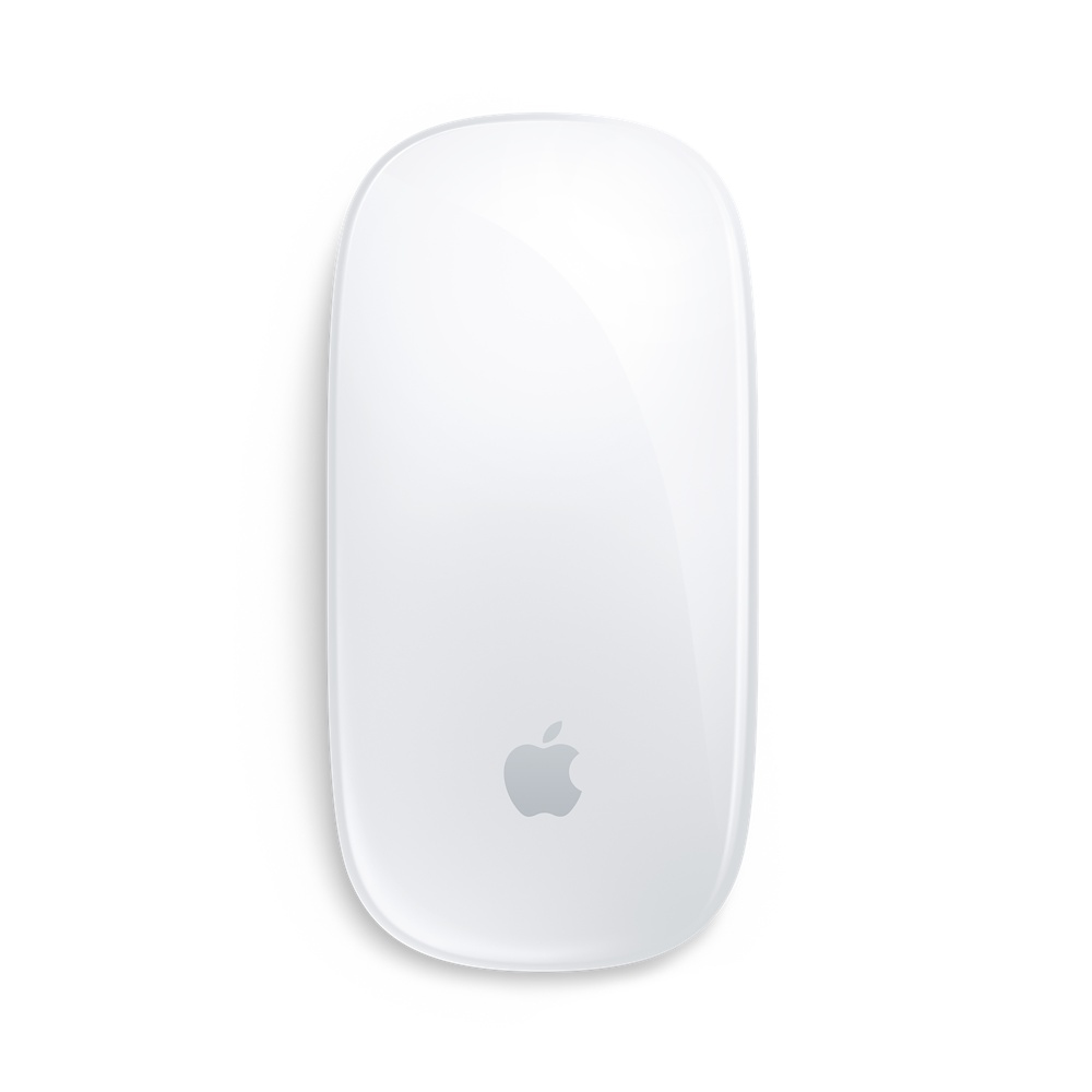 Un Magic Mouse bianco Apple con superficie lucida. Il logo Apple è in basso. Lo sfondo è bianco.