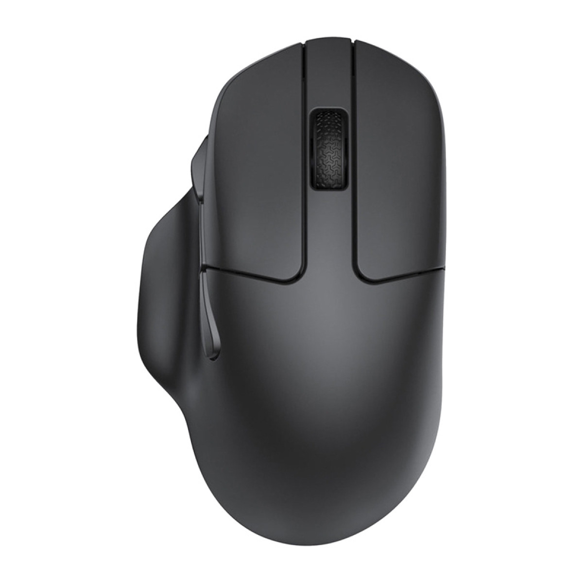 A black ergonomic computer mouse, viewed from above. It has two main buttons, a scroll wheel, and a contoured design for comfortable use.
