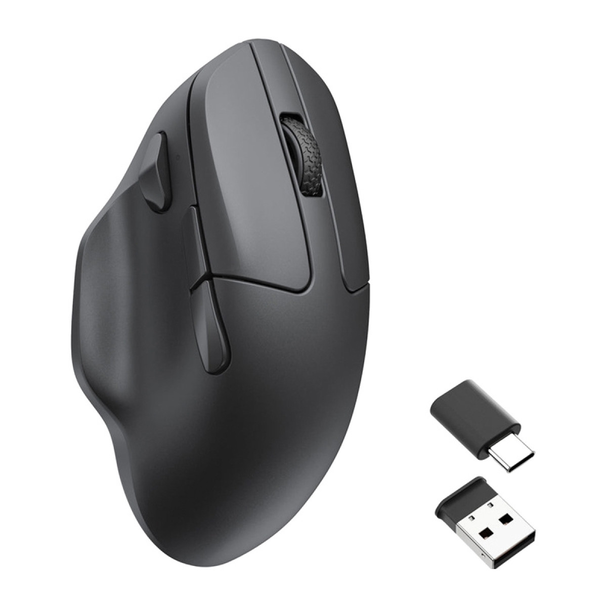 A dark gray ergonomic computer mouse with a scroll wheel and two buttons, plus a USB-C adapter and a USB receiver.