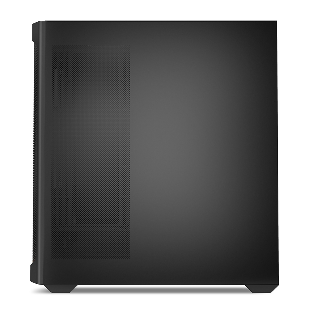 Czarna obudowa komputera. Lewa strona ma perforowaną konstrukcję. Stoi na białym tle. Obudowa ma elegancki, nowoczesny design.