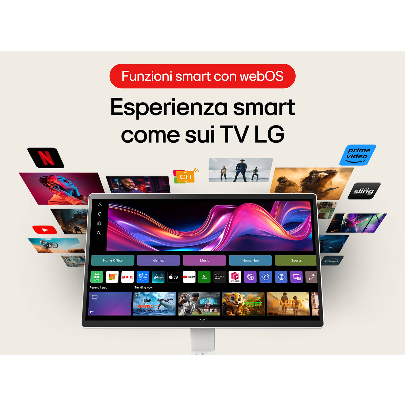 Ekran Smart TV z ikonami aplikacji, usługami streamingowymi oraz napisami 'Funzioni smart con webOS' i 'Esperienza smart come sui TV LG'.
