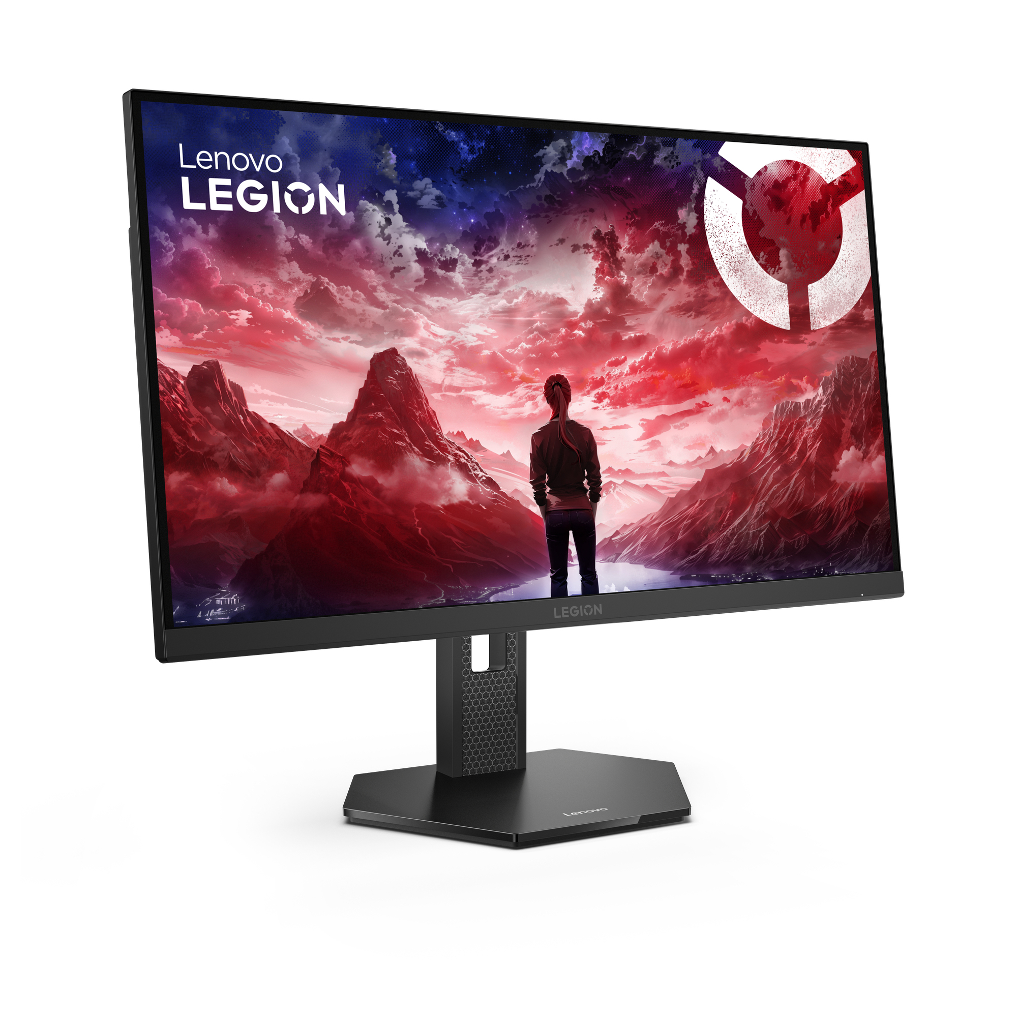 Monitor Lenovo Legion. Wyświetla czerwono-niebieski krajobraz z postacią. Czarny monitor na czarnym stojaku, białe tło.