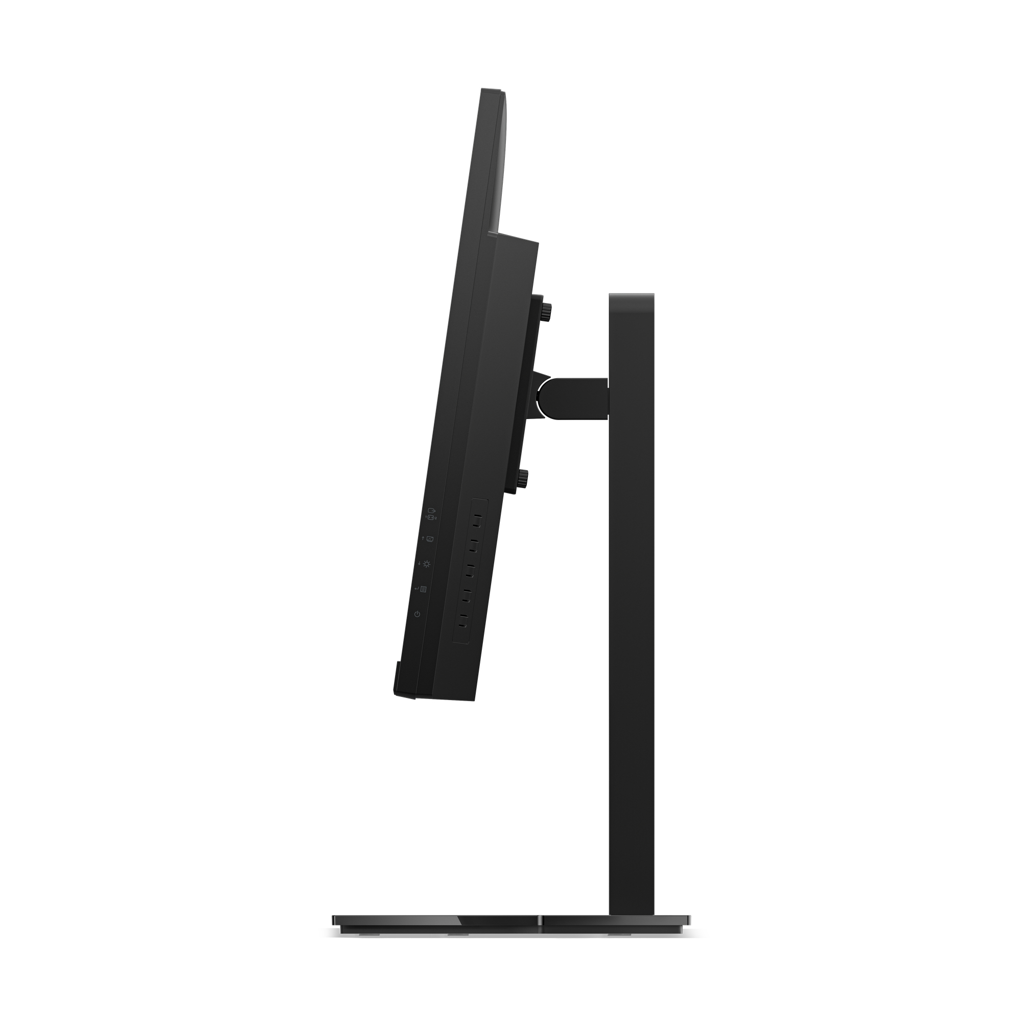 Czarny monitor komputera na białym tle. Monitor jest zamontowany na czarnym stojaku. Widok z boku.