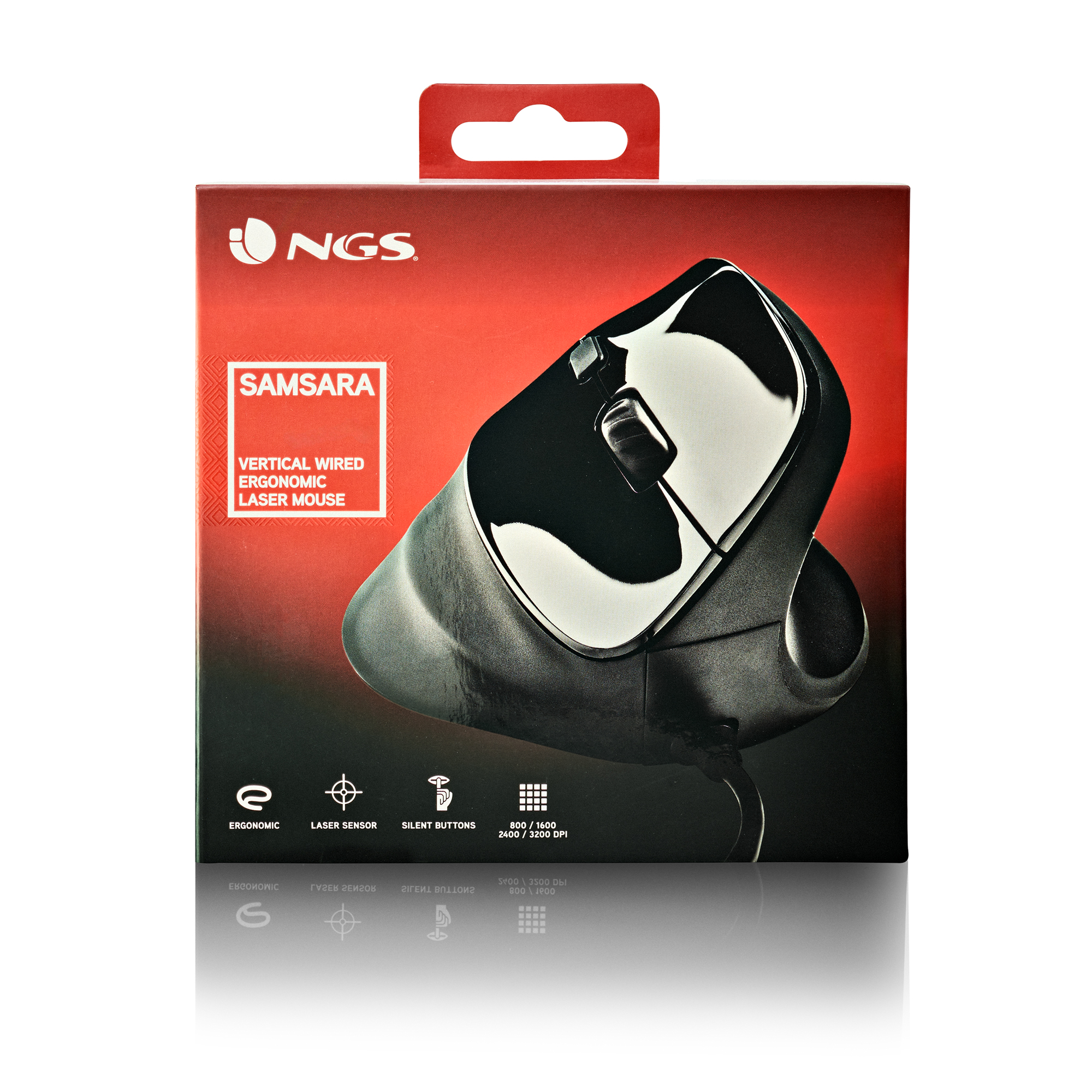Un mouse laser ergonomico verticale nero e grigio nella sua scatola, con il marchio NGS. La scatola è rossa e nera.