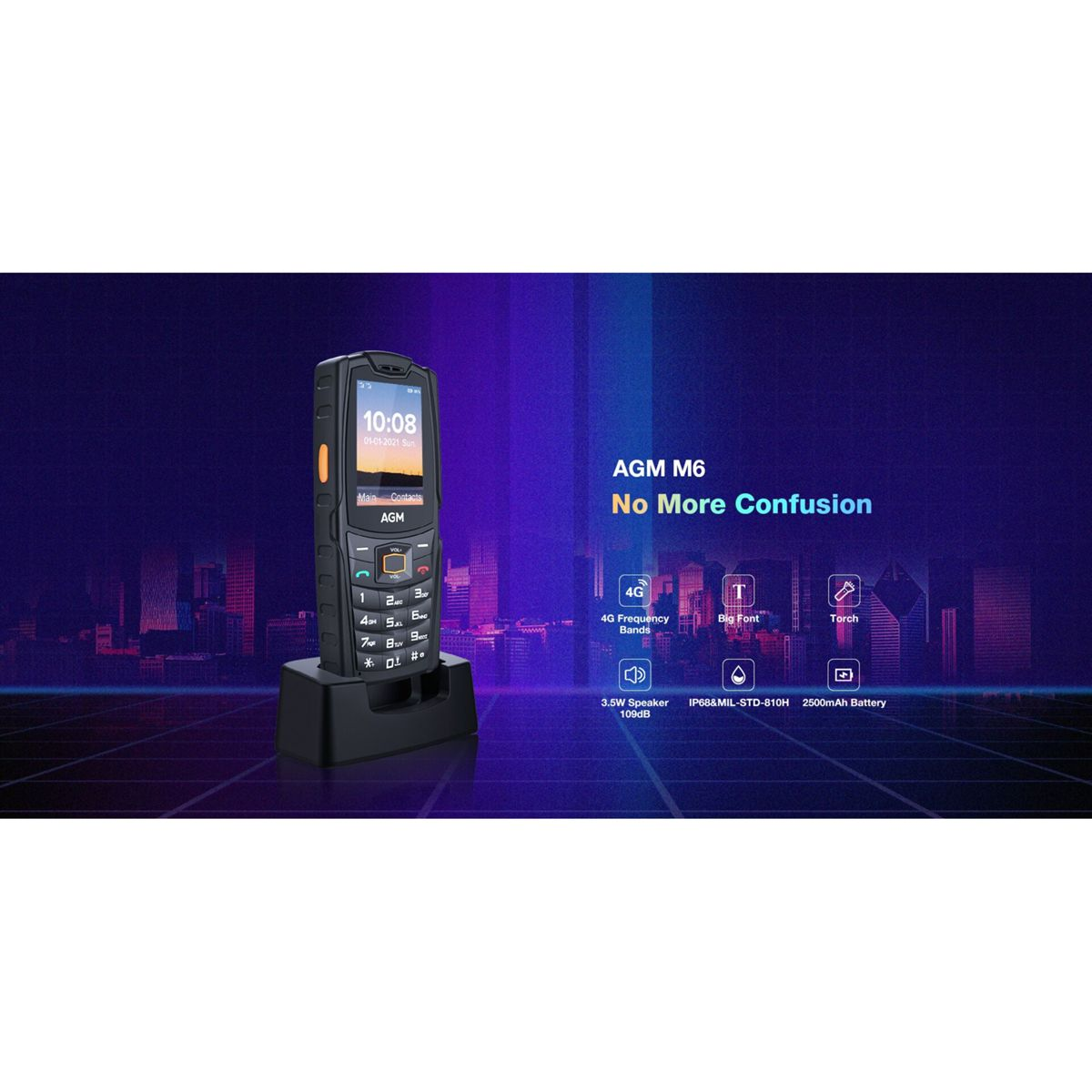 Czarny telefon AGM M6 na stacji ładującej. Ekran wyświetla godzinę. Wyróżnione funkcje to: 4G, duża czcionka, latarka i bateria 2500mAh.