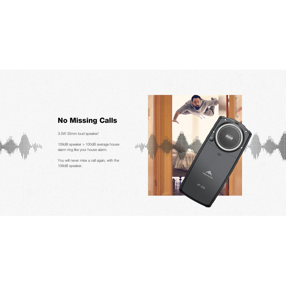 Czarny telefon z logo AGM trzymany przez osobę. Telefon jest pod kątem z szarym głośnikiem. Tekst: No Missing Calls, IP-68.