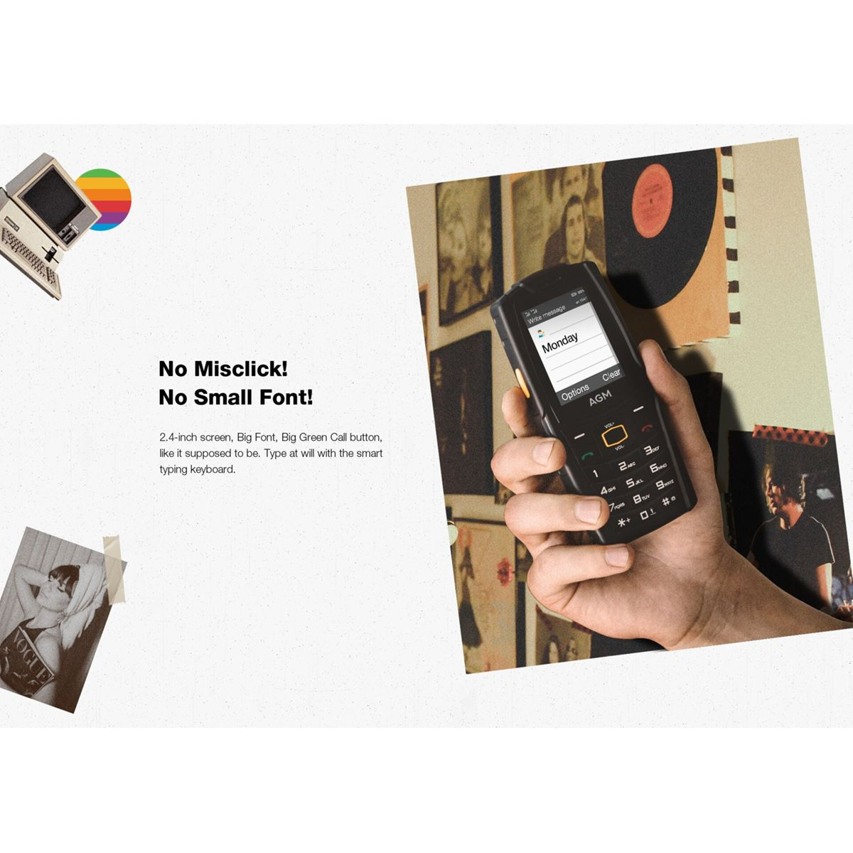 Ręka trzyma czarny telefon AGM. Ekran pokazuje 'Poniedziałek'. Zabytkowy komputer i płyta winylowa są w tle. Słowo VOGUE jest widoczne.