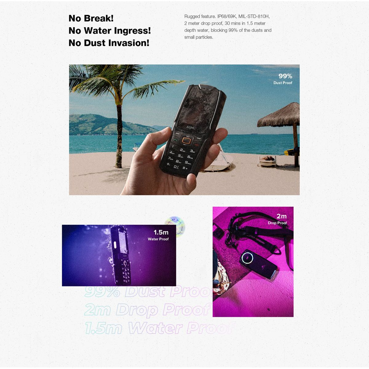 Ręka trzymająca wytrzymały telefon na plaży. Obraz przedstawia telefon, plażę, palmę i tekst o jego trwałości.