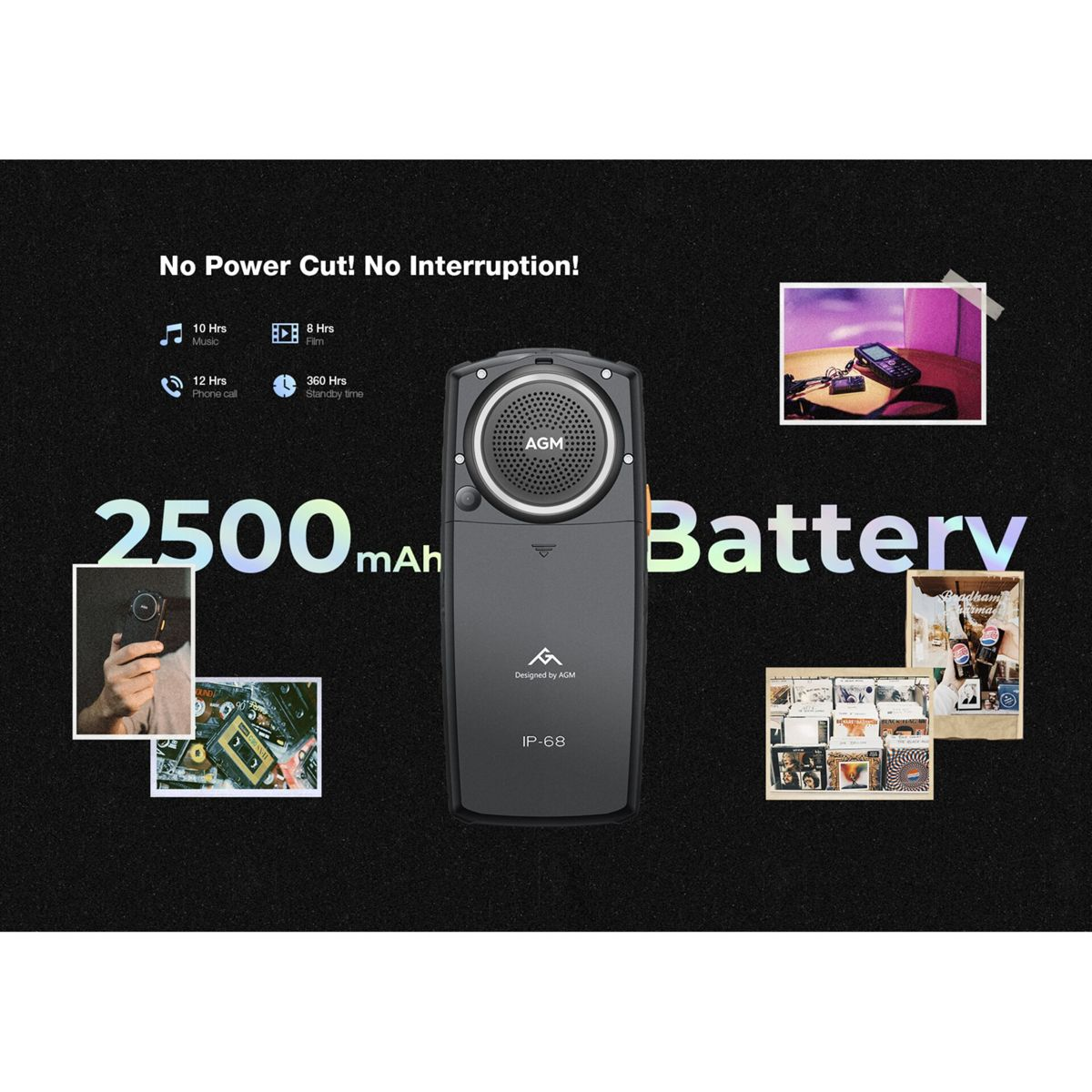 Czarny telefon z głośnikiem, baterią 2500 mAh i tekstem: Bez przerwy w zasilaniu! Bez zakłóceń! z małymi obrazkami.