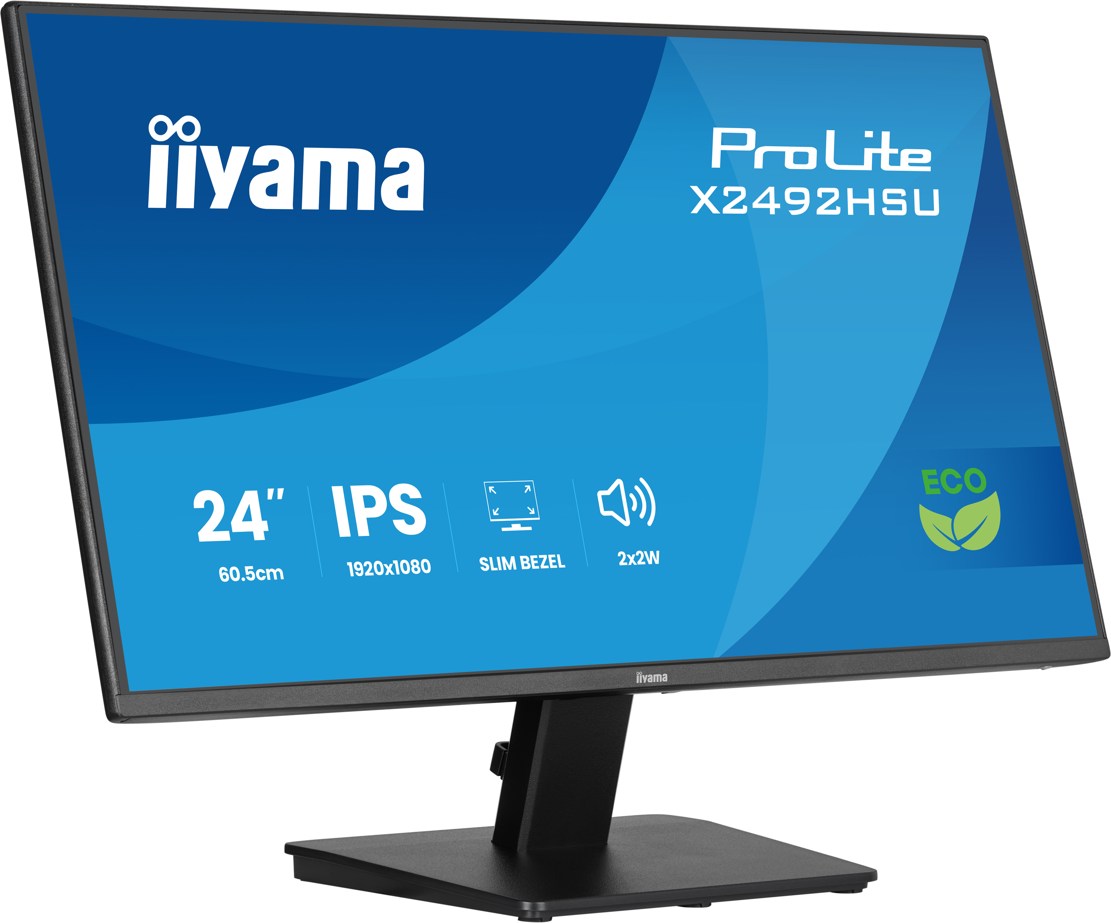Monitor komputerowy z niebieskim ekranem. Posiada logo iiyama i informacje o modelu.