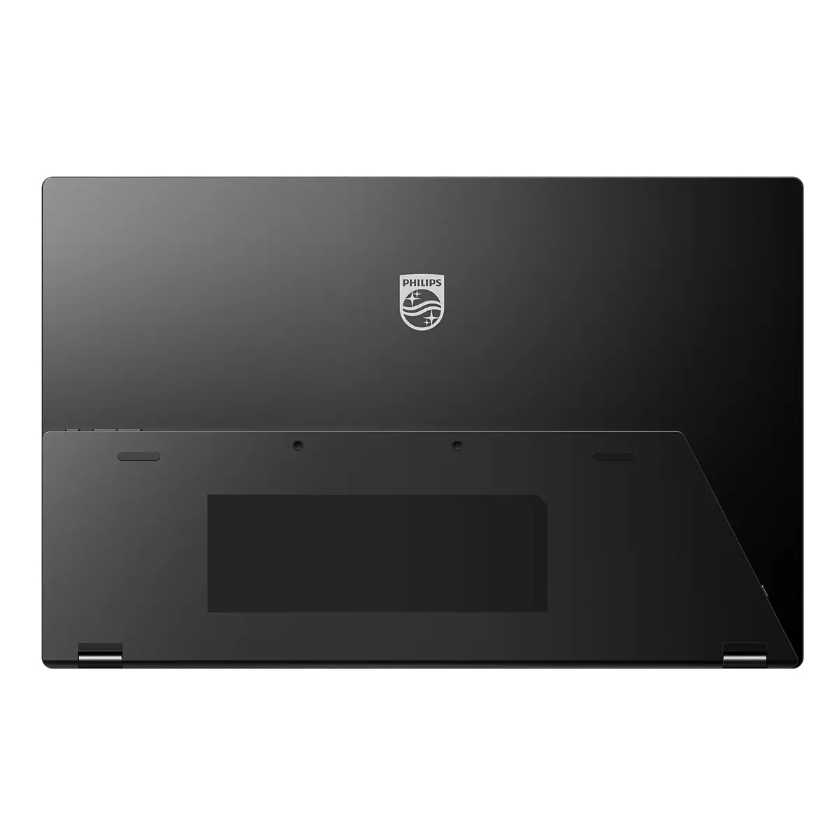 Schwarzer Philips-Laptop, von hinten gesehen. Das Philips-Logo befindet sich oben. Die Basis ist rechteckig mit Lüftungslöchern.