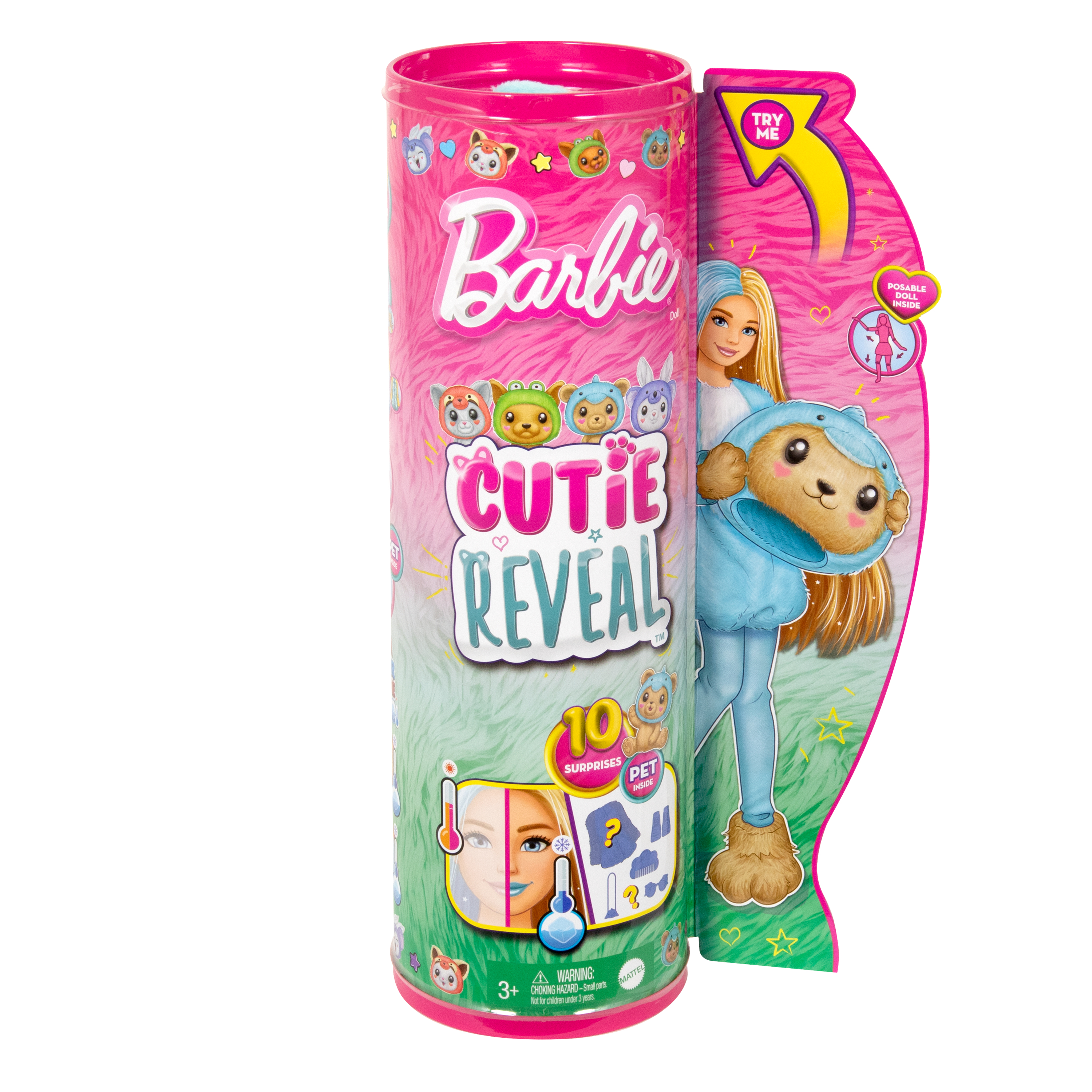 Barbie Cutie Reveal Puppenverpackung. Es ist ein rosa Zylinder mit Barbie-Logo und einem Mädchen im Bärenkostüm.