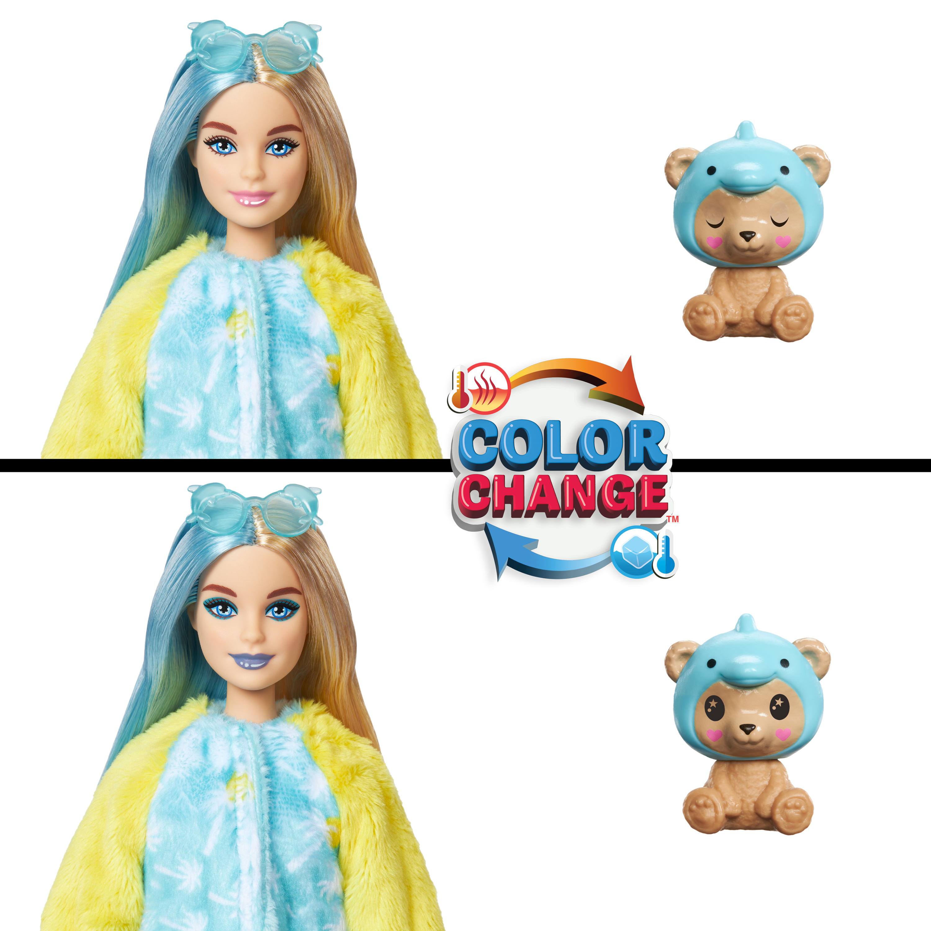 Barbie-Puppe mit blauem Haar und Sonnenbrille. Ein Bärenspielzeug und ein Schild mit der Aufschrift "Color Change" sind ebenfalls vorhanden.