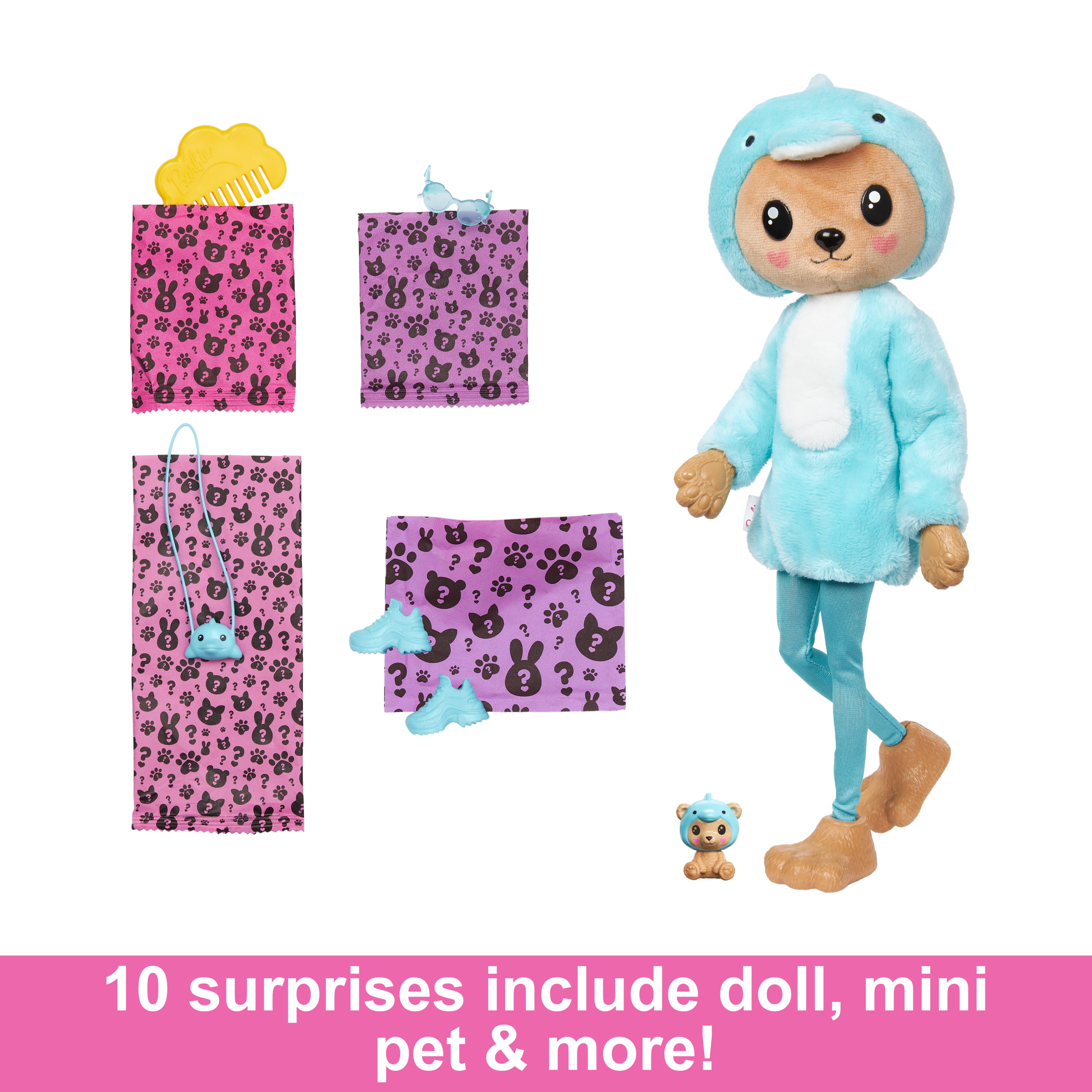 Eine Puppe in blauem Outfit, ein kleines Haustier und Überraschungstüten werden gezeigt. Der Hintergrund ist weiß, mit einem rosa Text unten.
