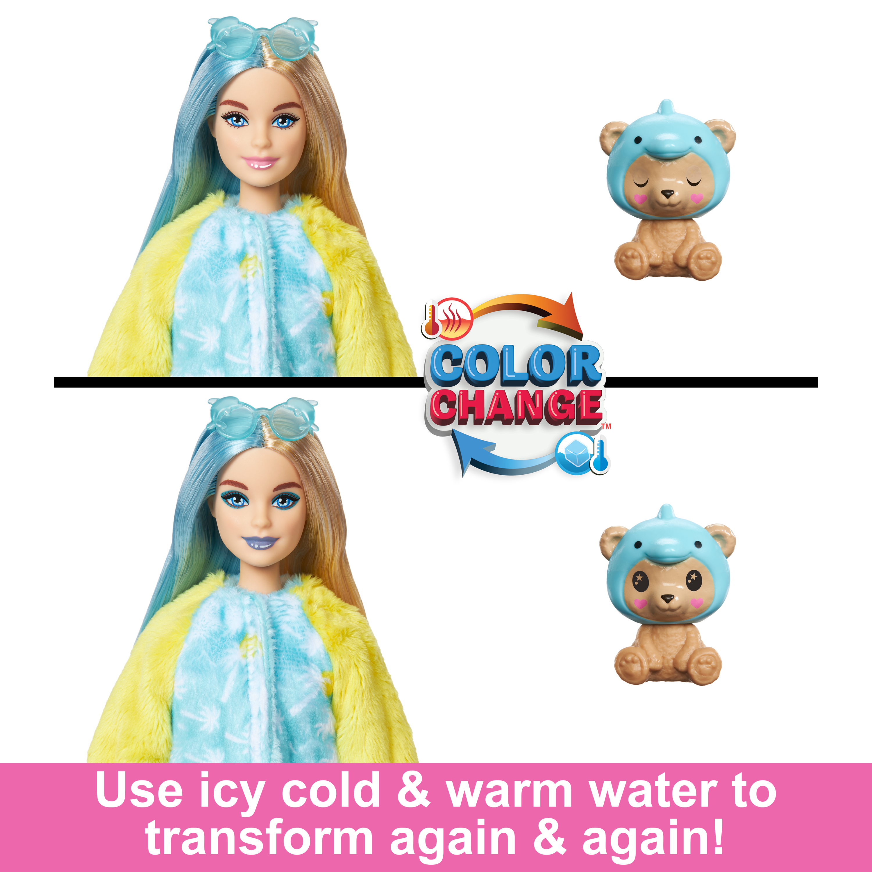 Barbie-Puppe mit Farbwechselfunktion, Teddybär-Spielzeug und Textanweisungen auf weißem Hintergrund.