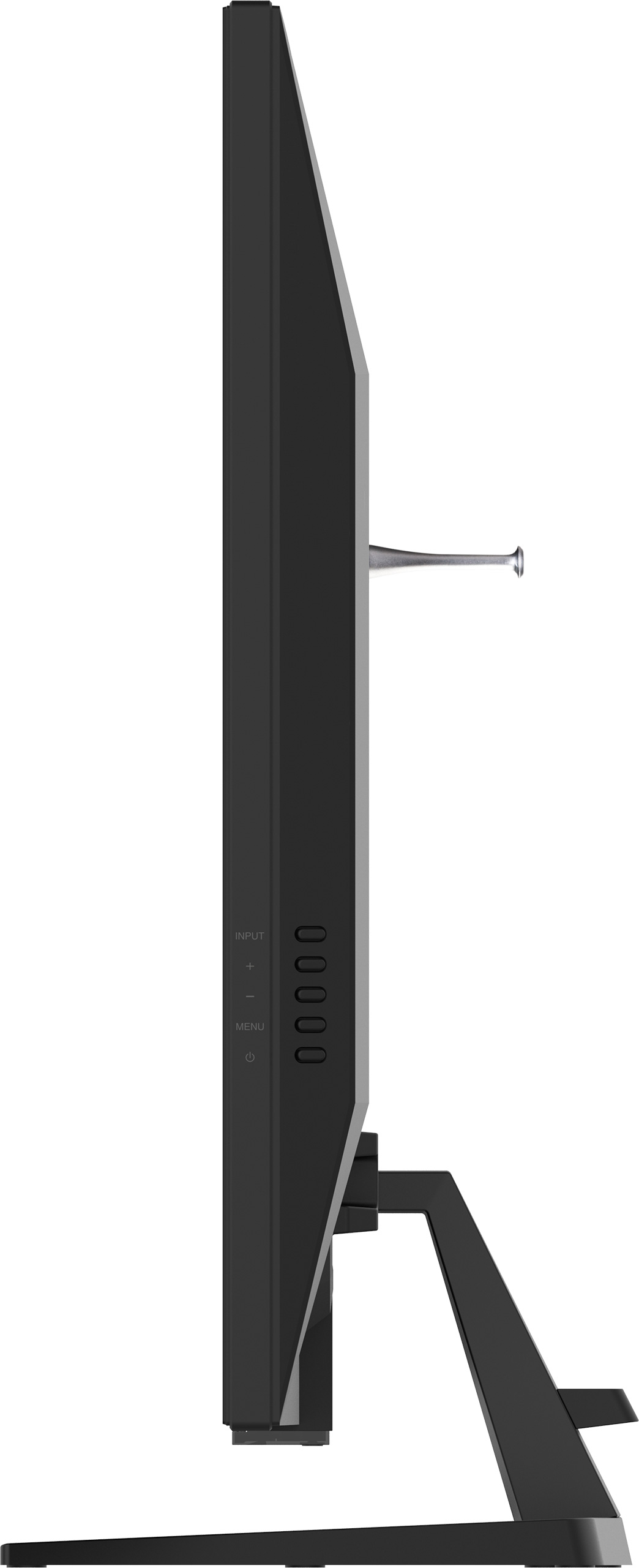 Widok z boku czarnego monitora komputera. Ma podstawę, przyciski i srebrne ramię. Tło jest białe.