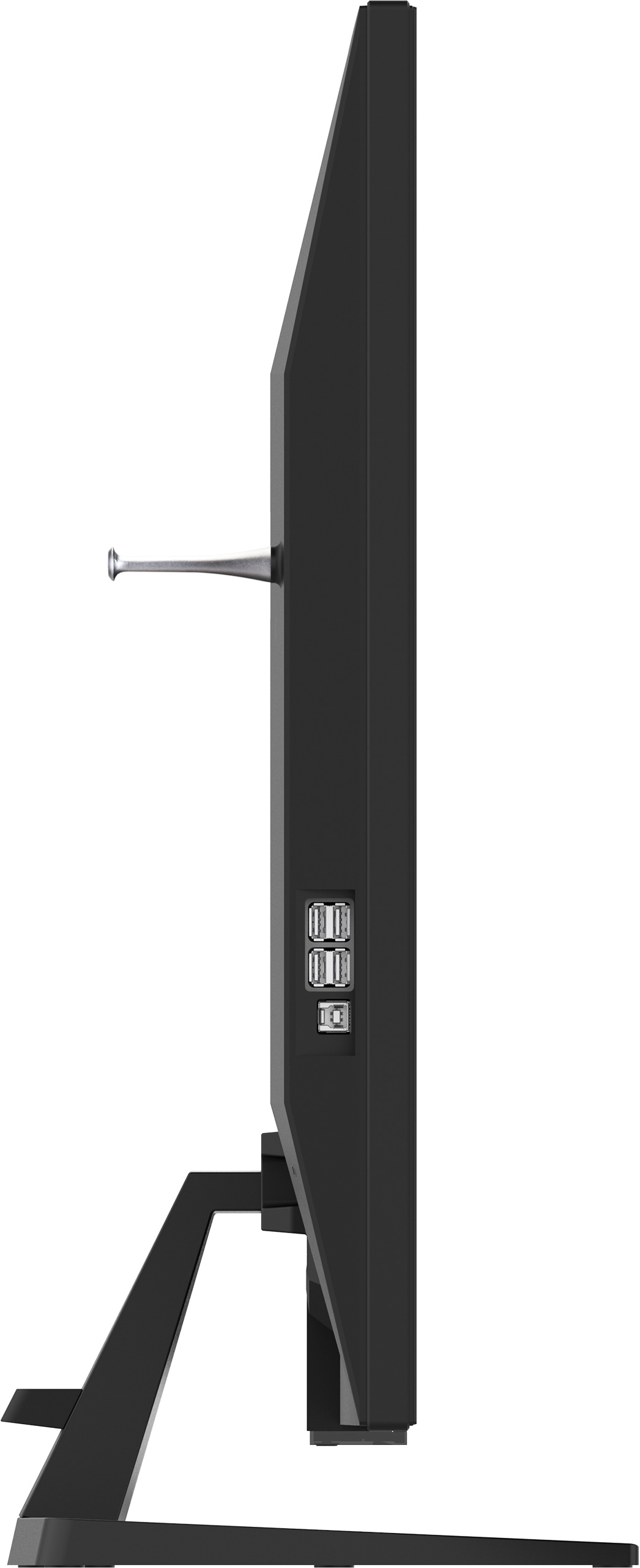Widok z boku czarnego monitora komputerowego. Posiada podstawkę, porty i srebrny element mocujący. Tło jest białe.