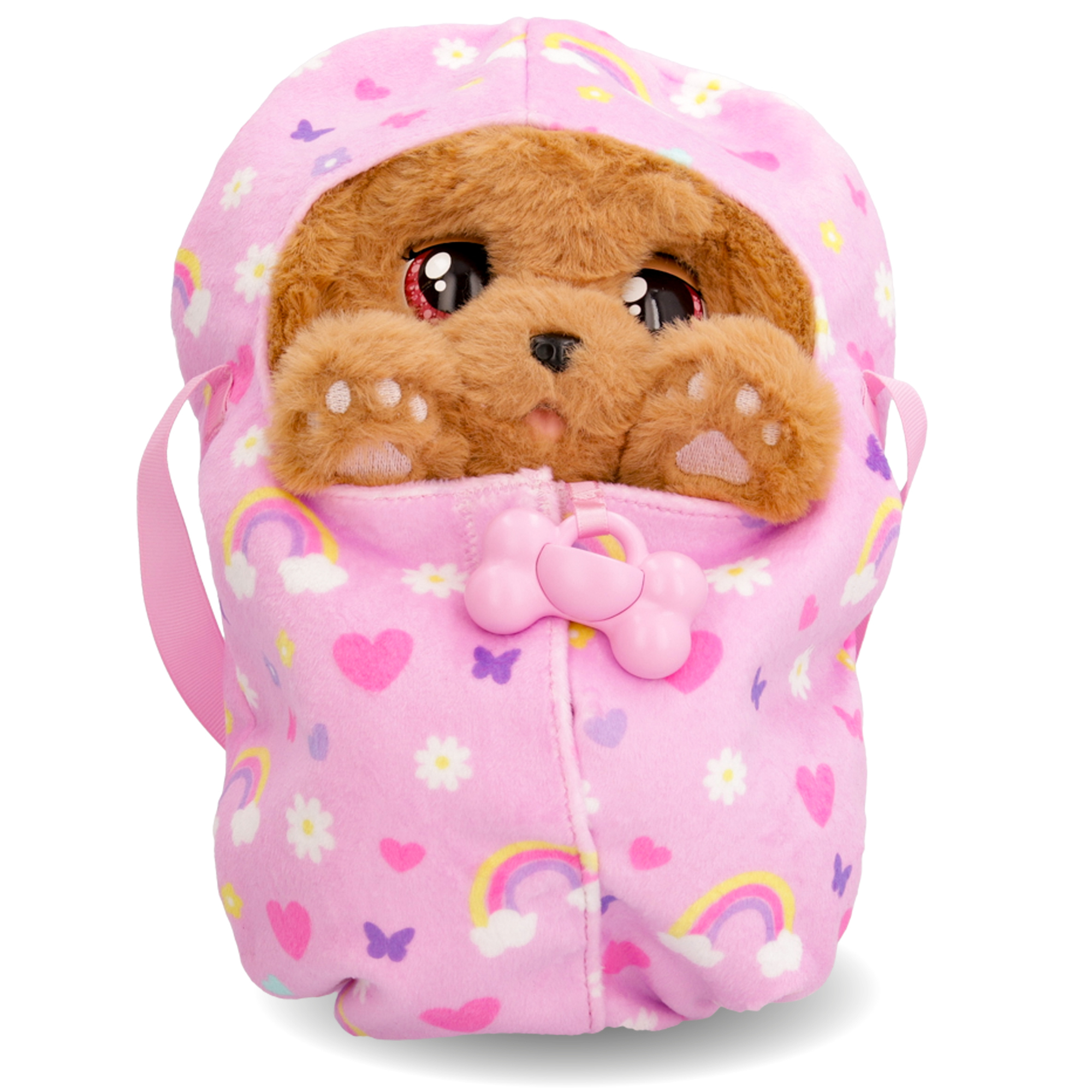 Un peluche de cachorro marrón en un transportador rosa con capucha. El transportador tiene un estampado de arcoíris, corazones y flores.