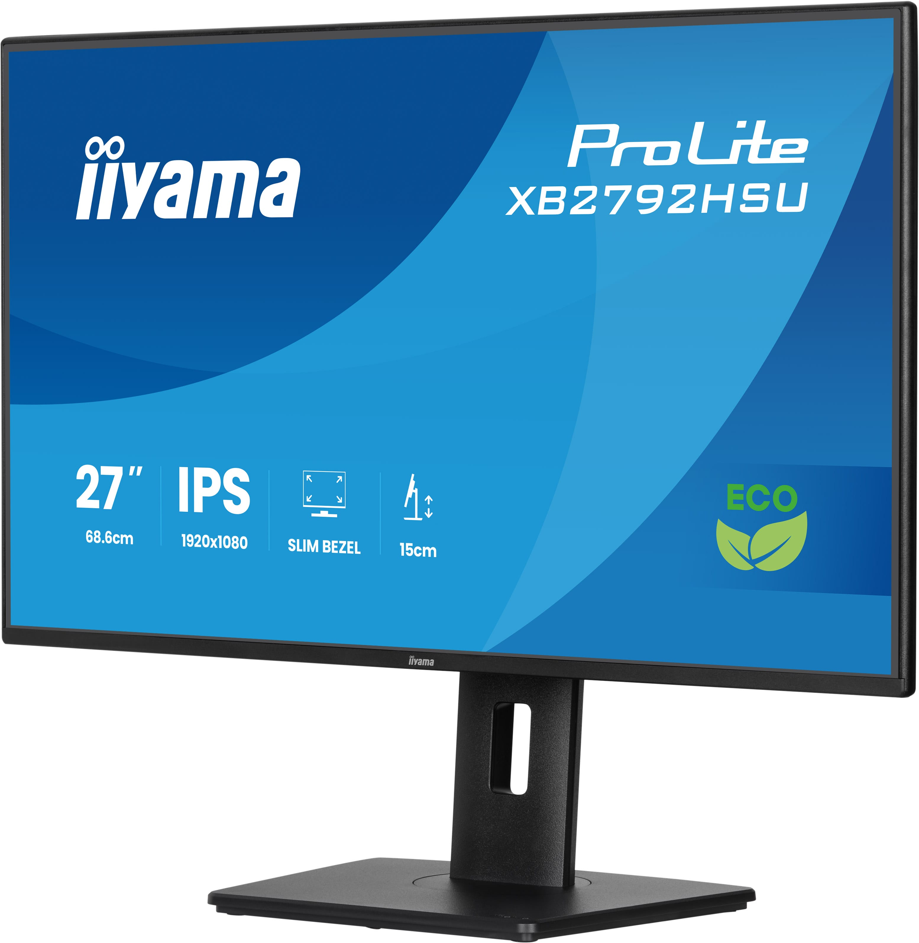 Czarny monitor iiyama z niebieskim tłem. Zawiera tekst z danymi modelu i rozmiarem.