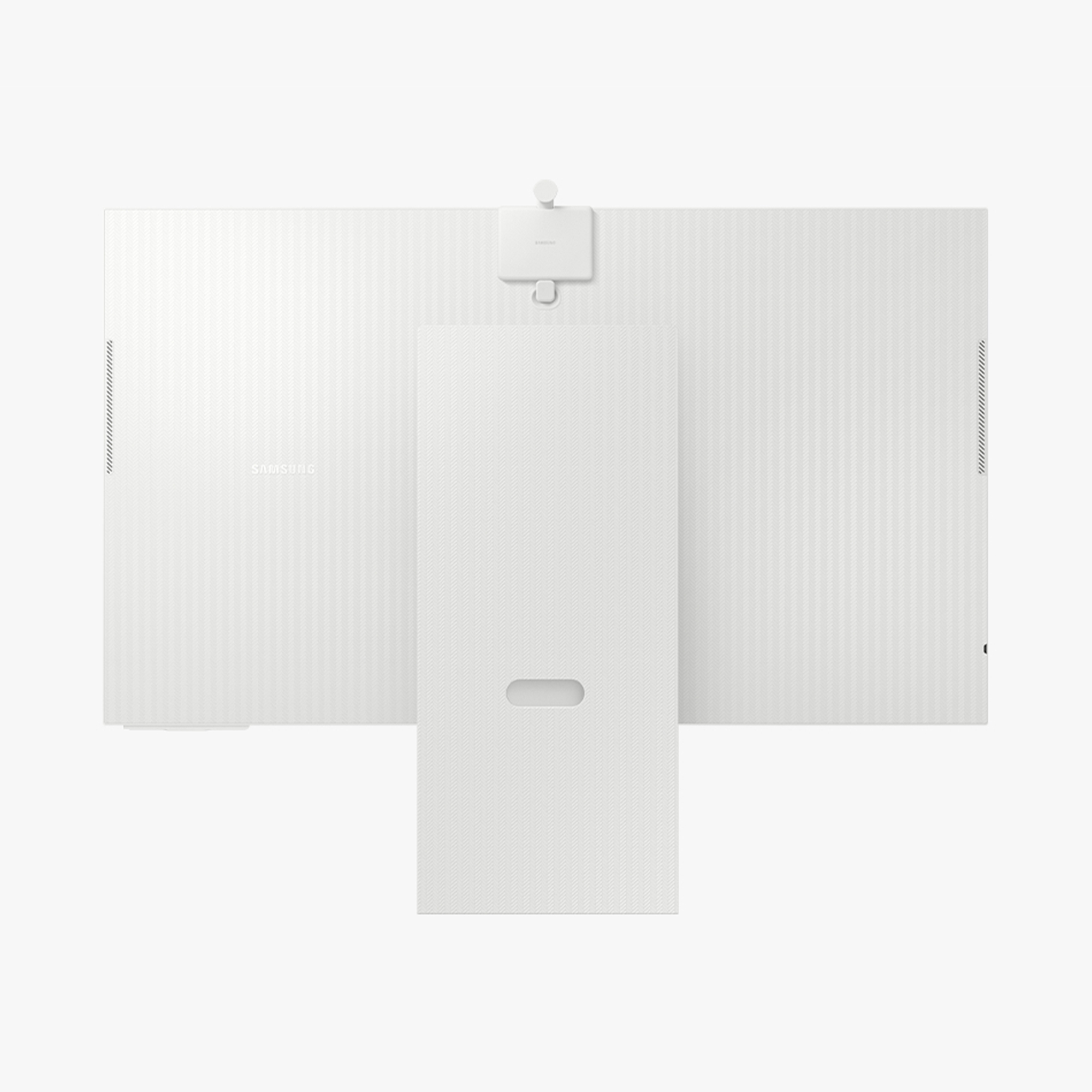 Biały monitor ze stojakiem. Monitor ma teksturowaną powierzchnię i logo Samsung. Na górze jest kamera.