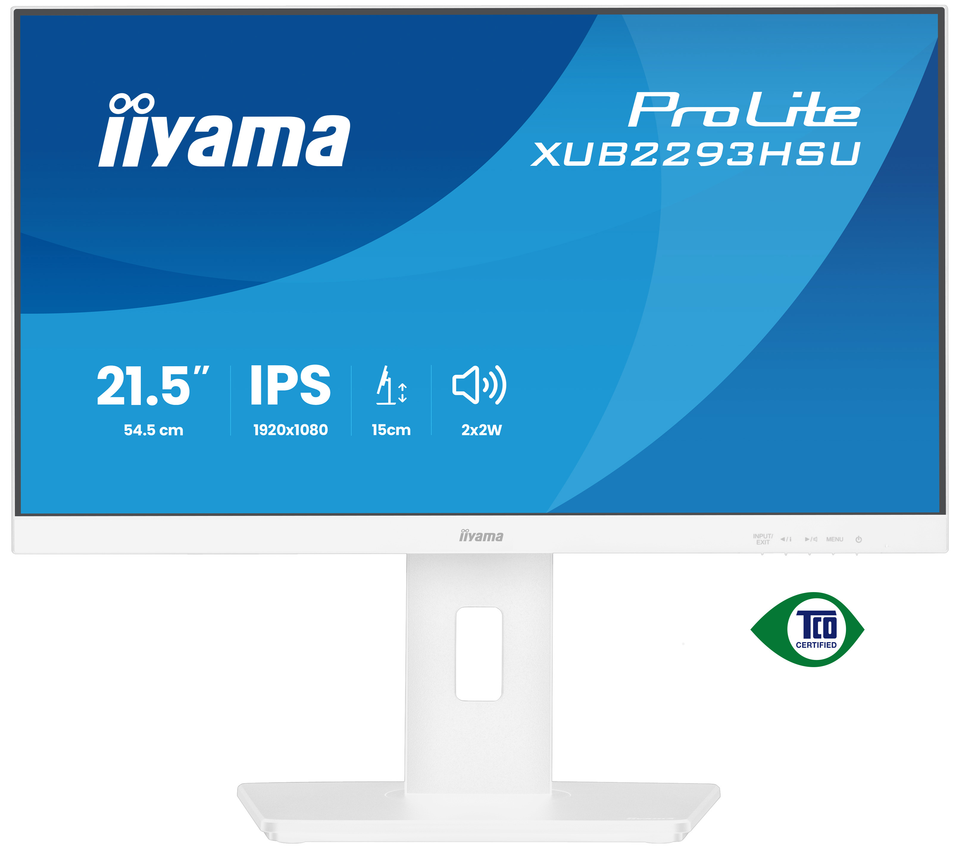 Biały monitor iiyama z niebieskim ekranem, wyświetlający szczegóły produktu. Ma białą podstawę i logo TCO Certified.