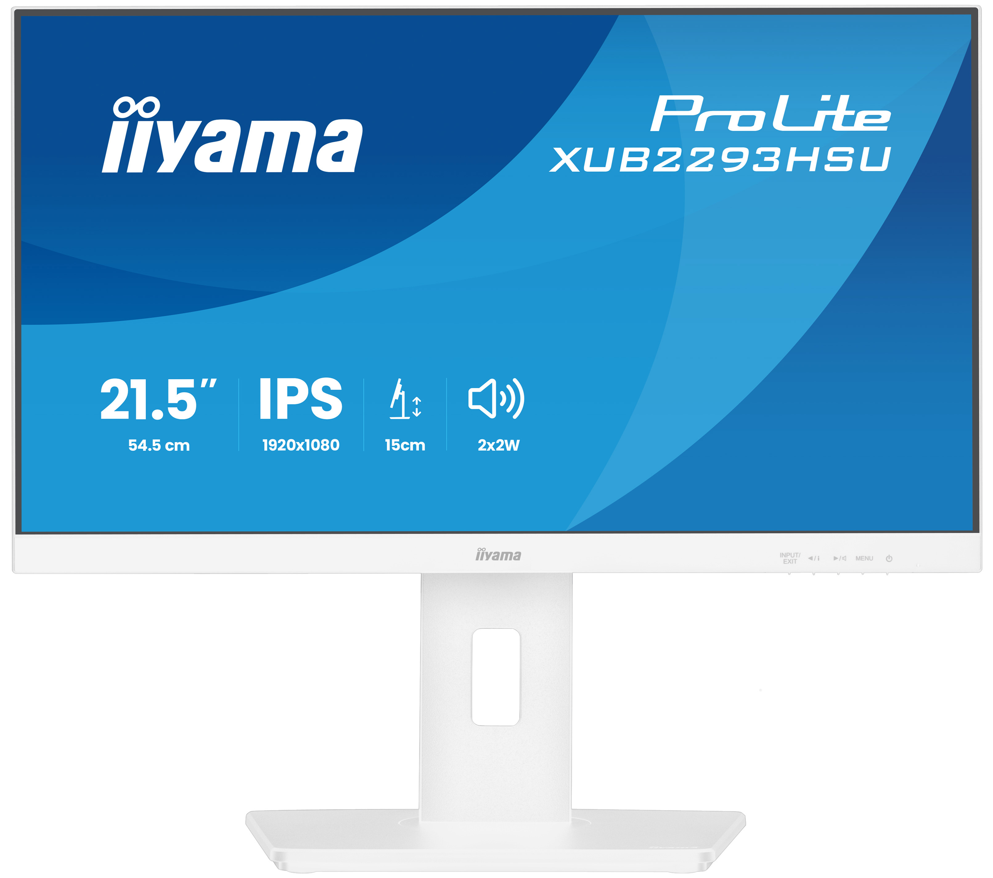 Biały monitor iiyama ProLite z niebieskim tłem, wyświetlający szczegóły i specyfikacje produktu.