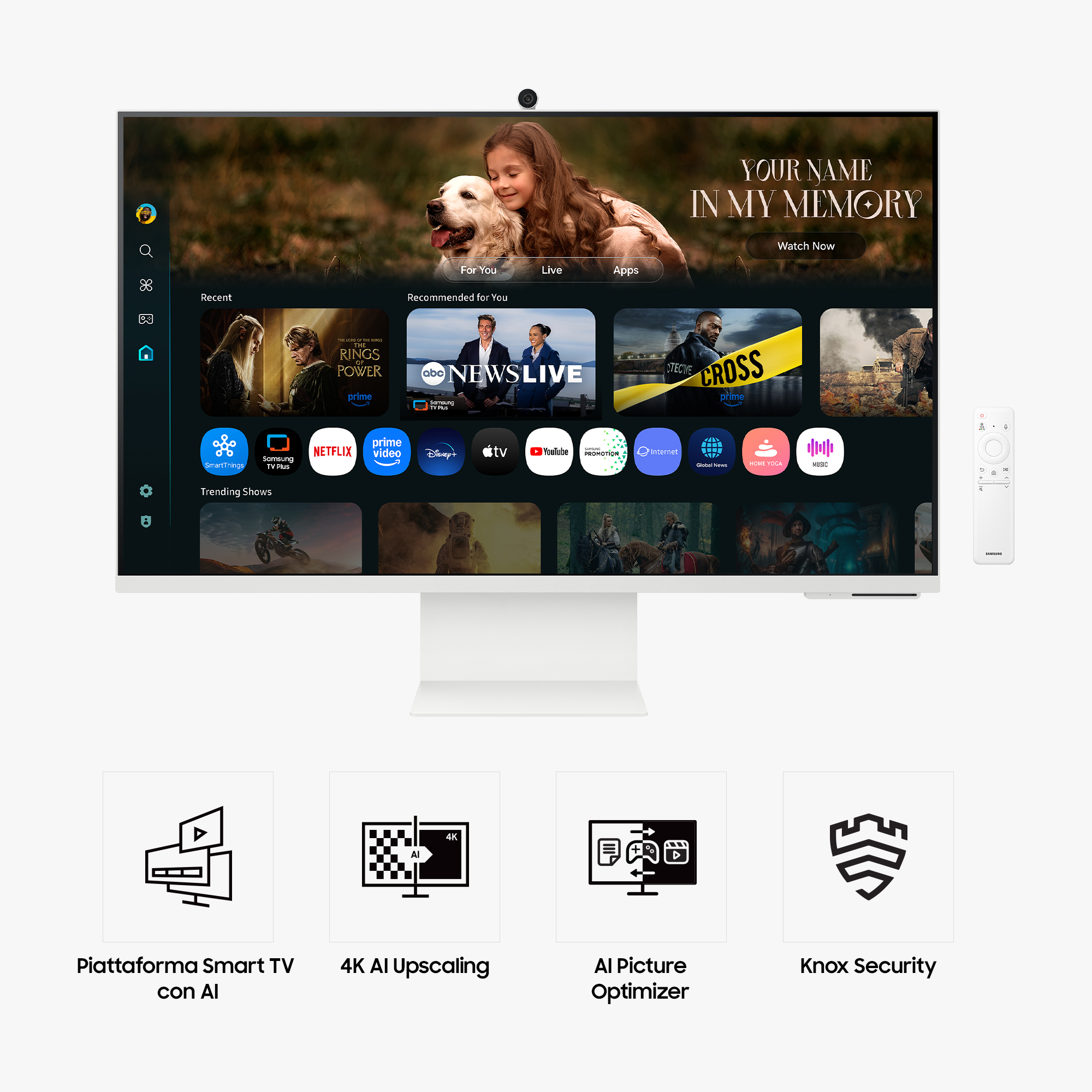 Un televisor blanco muestra una interfaz de película. Debajo hay iconos de funciones de IA y Knox Security.