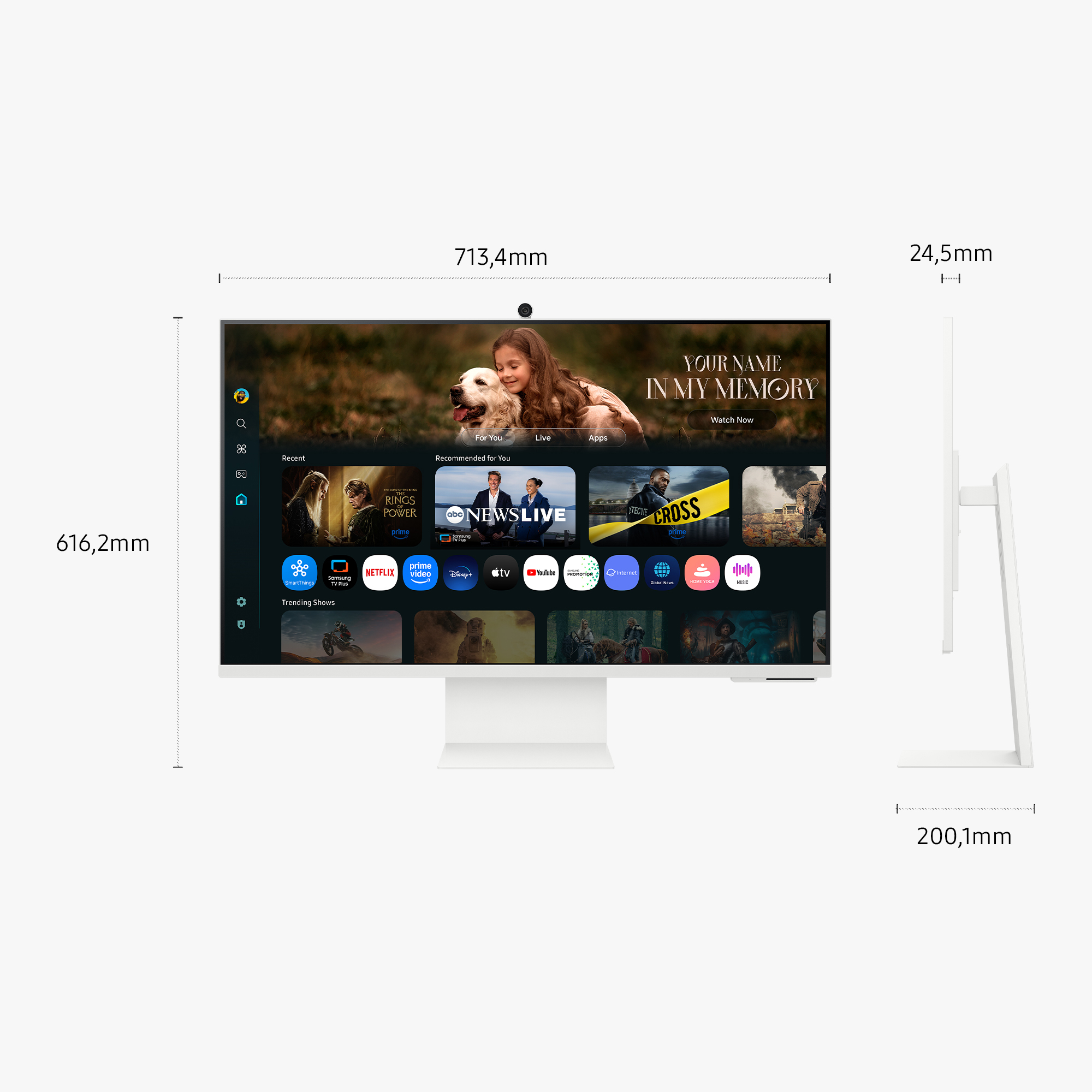 Ein weißer Monitor zeigt eine Streaming-Dienst-Oberfläche. Abmessungen sind sichtbar. Webcam oben zentriert. Der Ständer ist weiß.