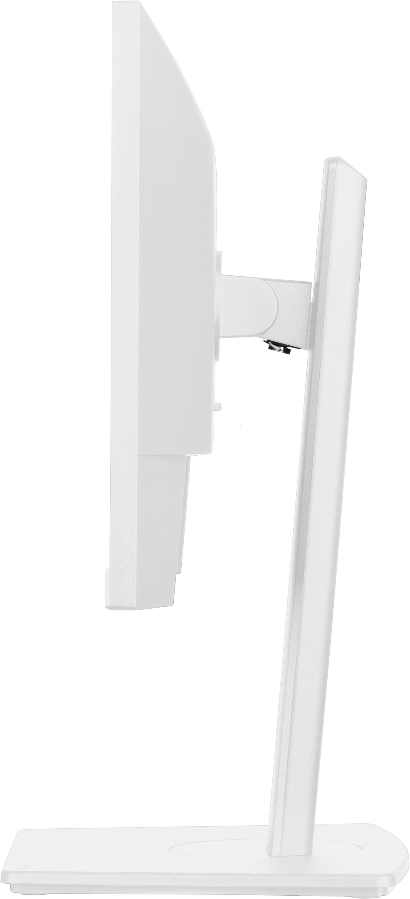 Widok z boku białego monitora komputerowego. Ekran jest gruby, z podstawką, która go podpiera. Wszystkie elementy są białe.